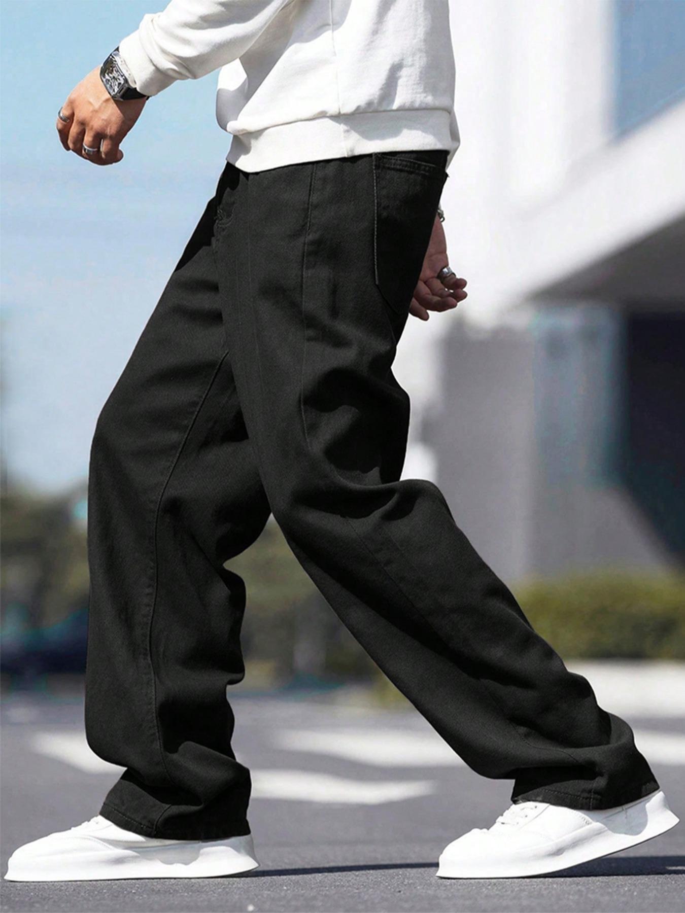 Men's Solid Wide-Leg Non Distressed Jeans - Loose Street Style, Comfort Fit, Everyday Casual Wear