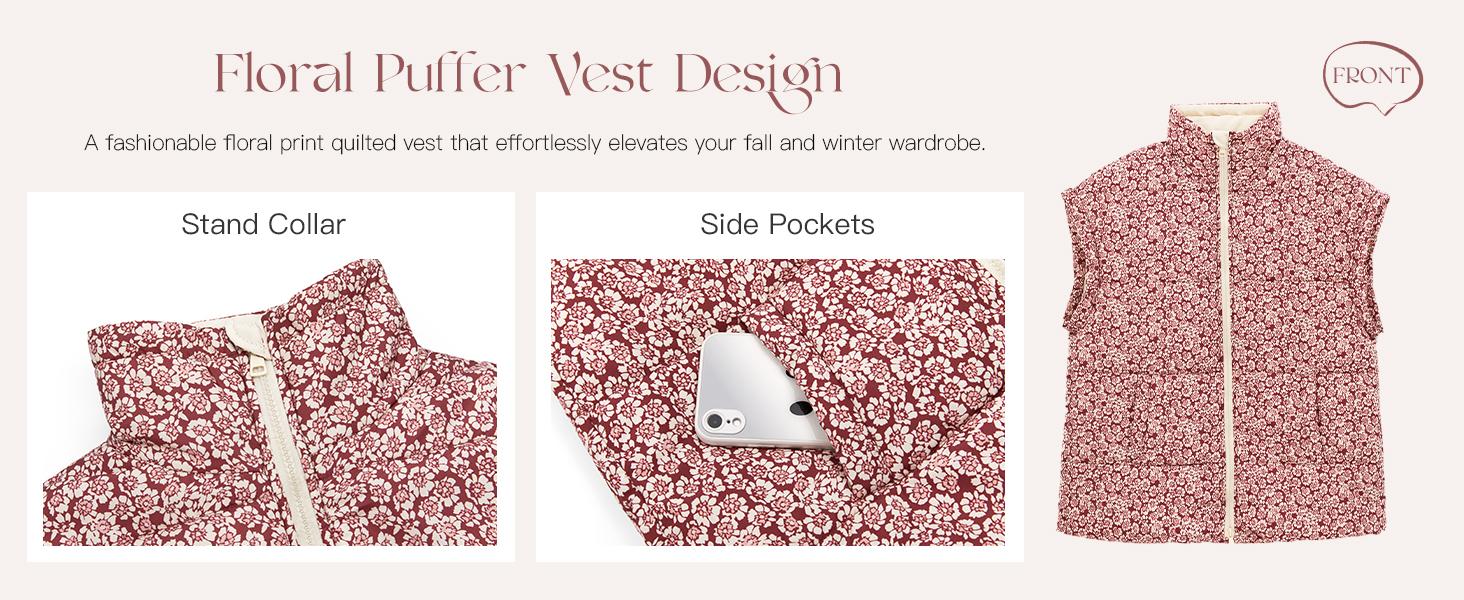 Imily Bela Womens Floral Oversized Puffer Vest Cap Sleeve Winter Warm Puffy Quilted Jackets Coat