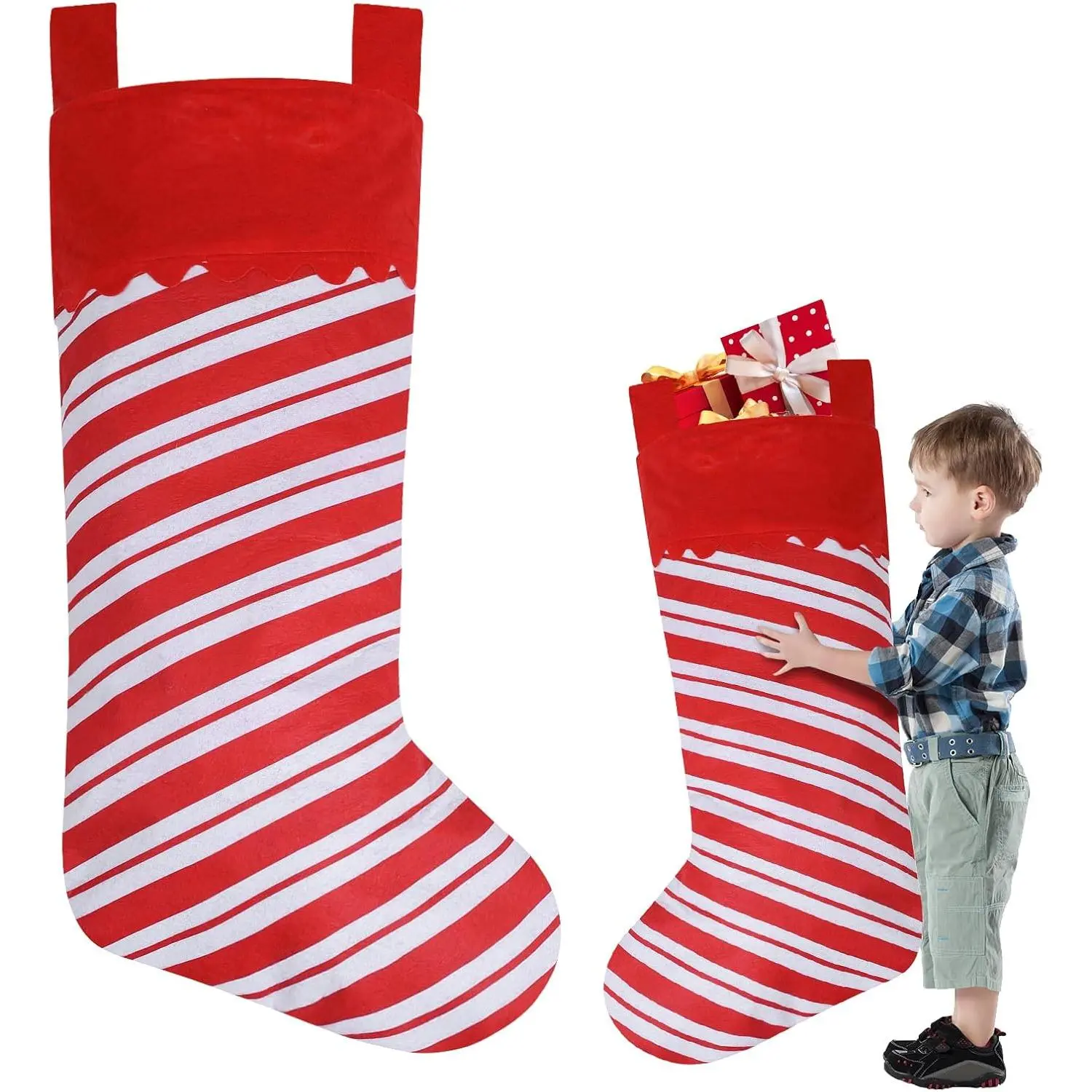 2-Pack Large 38-in Jumbo Candy Cane Felt Fabric Stockings, Hangable Holiday Theme Christmas Decor for Tree, Fireplace, Home Party Display