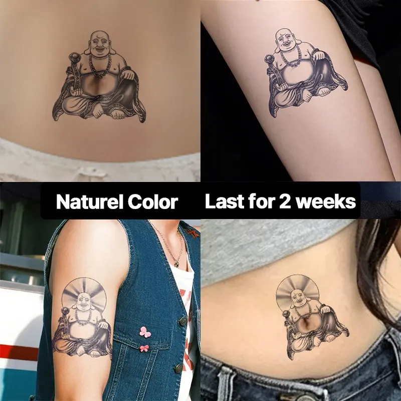 Temporary Tattoo Sticker, Maitreya Buddha Laughing Design, Long-Lasting 1-2 Weeks, Unisex, Suitable for Arms, Shoulders, Back, Waist, Neck, Legs