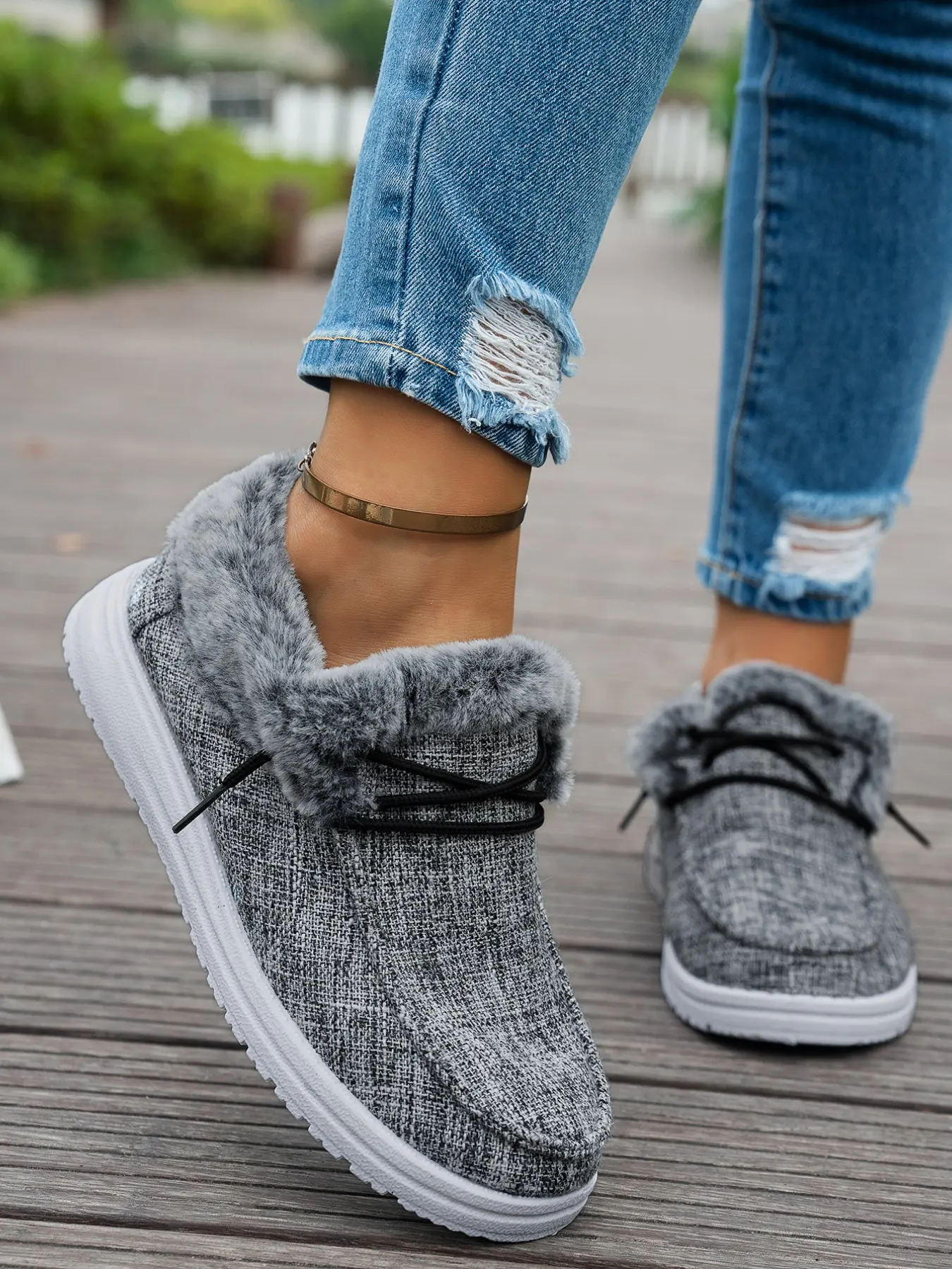Women Daily Wear Winter Canvas Fashion Ankle Boots, Fluffy Cuff Slip On Platform Booties, Lace Up Non Slip Short Shoes for Outdoor Walking Shopping Driving