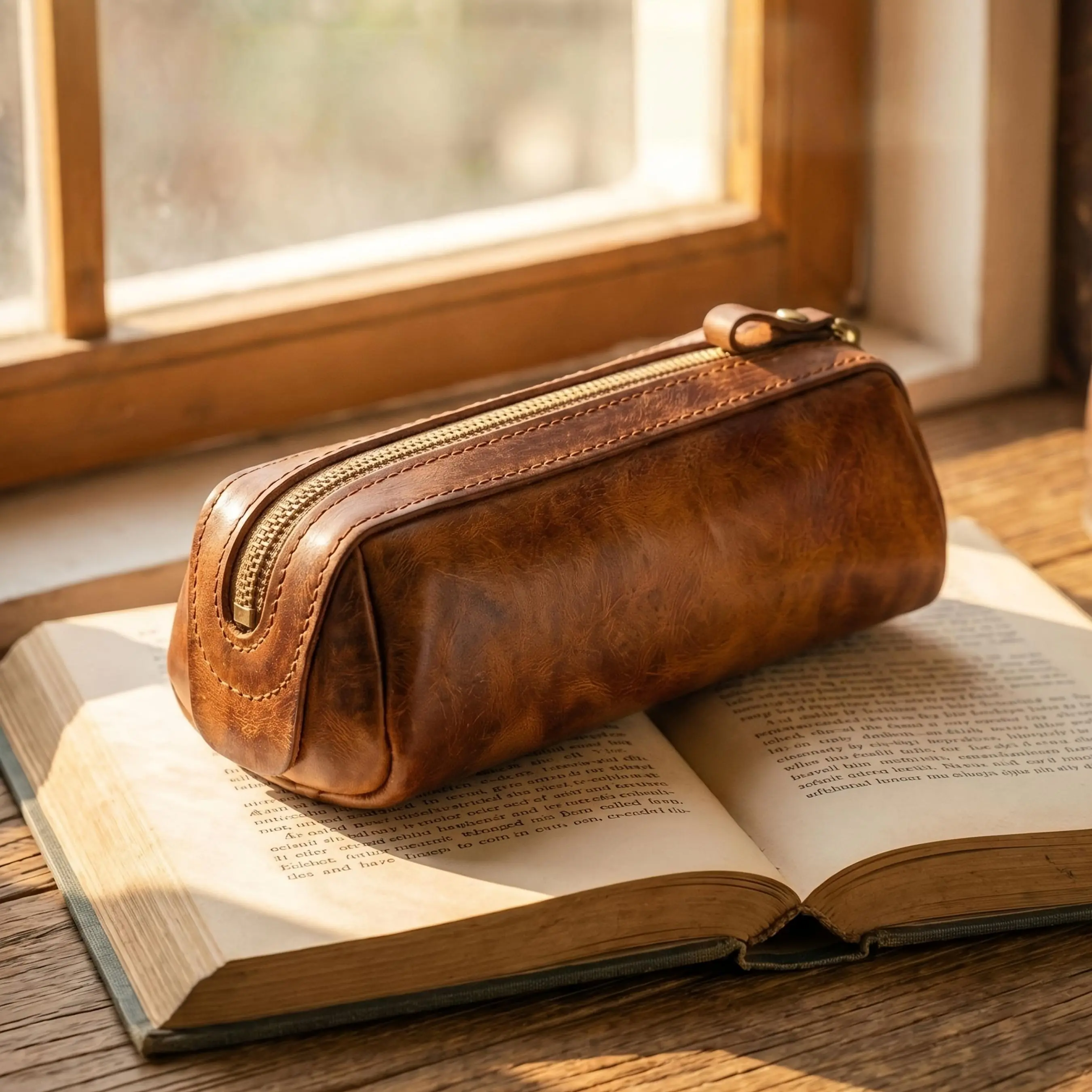 Vintage Unisex Leather Clutch Bag / Premium Top-Grain Cowhide Genuine Leather Pen Pouch / Portable Travel Organizer / High-Capacity Genuine Leather Lipstick & Cosmetic Bag