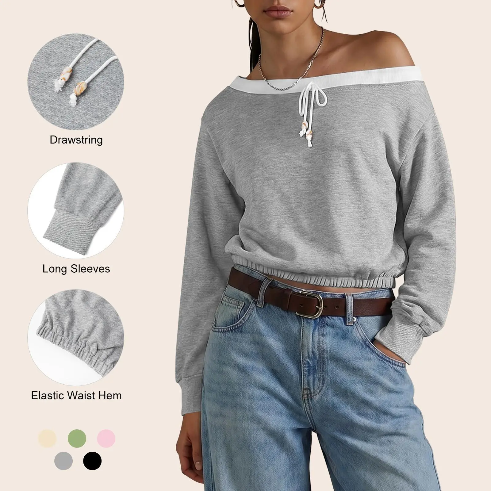 Imily Bela 2026 Womens Off The Shoulder  Puff Long Sleeve Patchwork Elastic Irregular Cropped Casual Tops