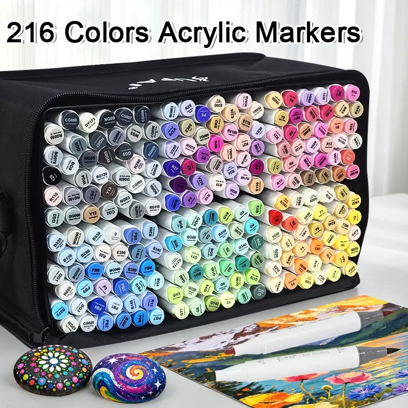 Dual-Ended Acrylic Marker Pens, 216/320 Colors, Soft Brush Tips, Quick-Dry Waterproof, Ideal for Stone, Canvas, T-Shirts, Wood, Sketch Paper