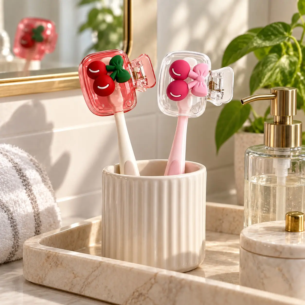 2-Pack Cherry Toothbrush Head Covers,Portable Brush Covers for Daily Storage & Travel, Red & Pink, Toothbrush Protector
