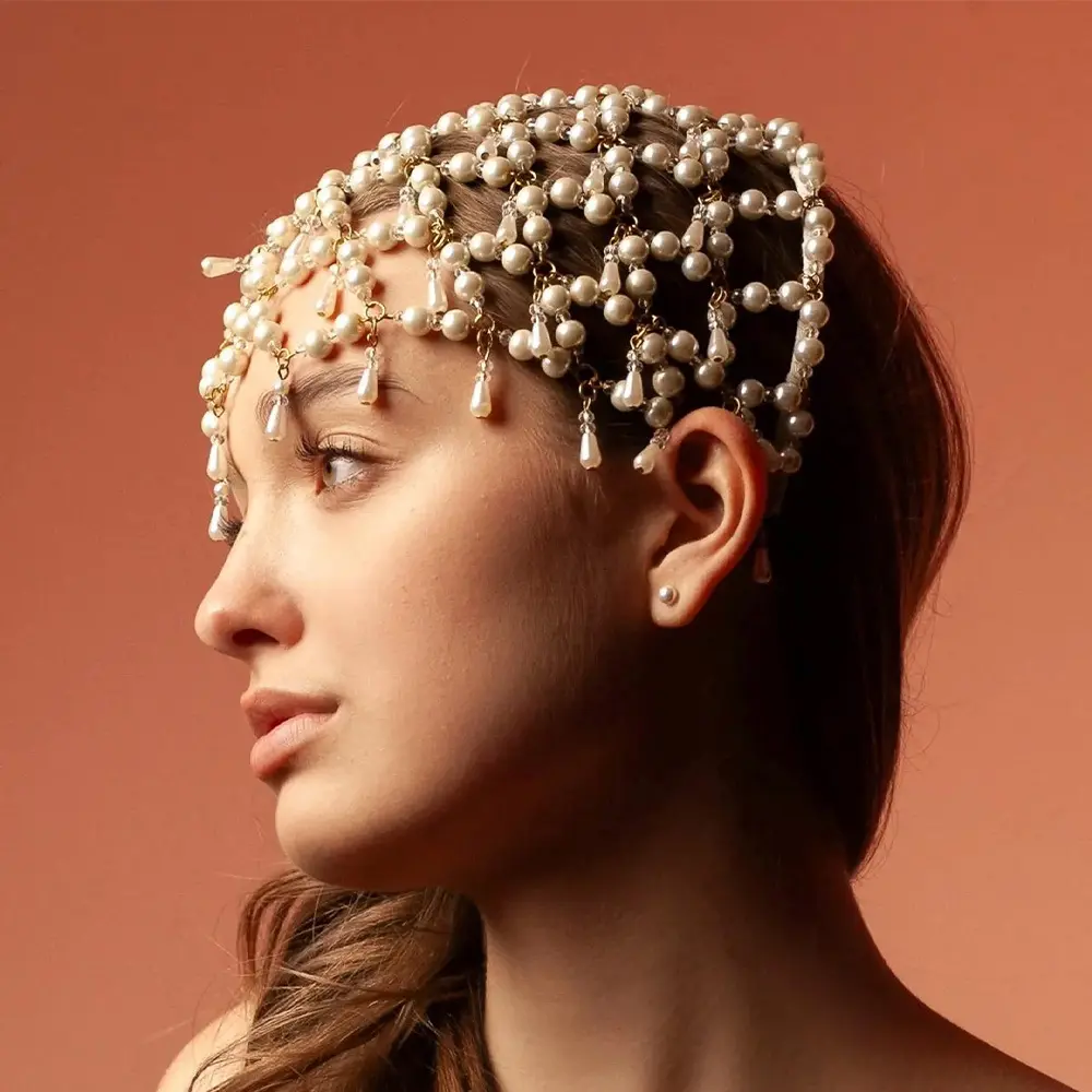 Vintage Pearl Headpiece for Women, Beaded Head Chain with Forehead Charm - Lightweight, Adjustable Fit for Wedding & Festival Wear, Stainless Steel, Water Drop, Beaded Strand, Lightweight Wear, Bridal Portraits