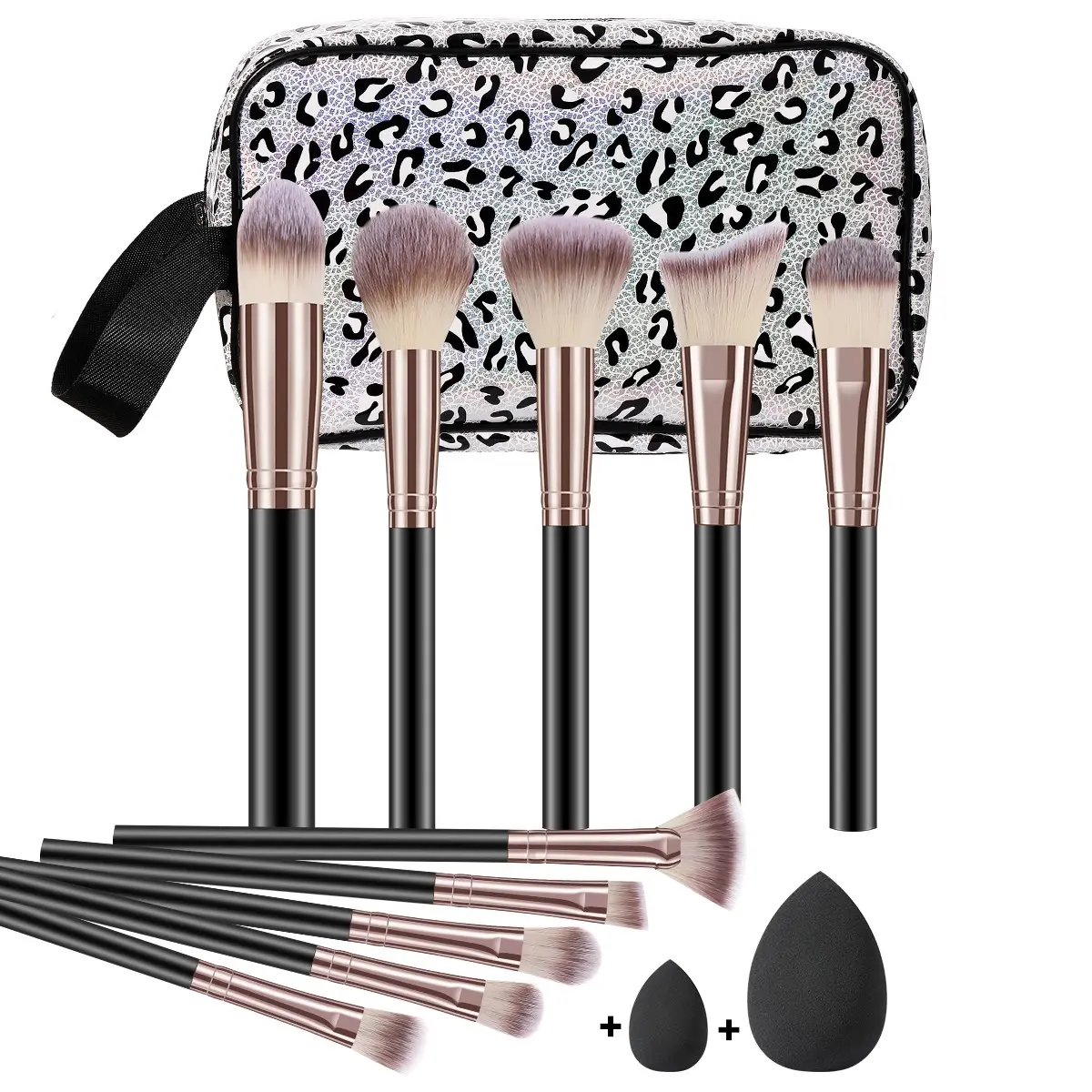 10-Piece Makeup Brush Set, Brush Kit with 2 Beauty Eggs, Leopard Print Storage Bag, Loose Powder Blush Concealer Eyeshadow Foundation Brushes