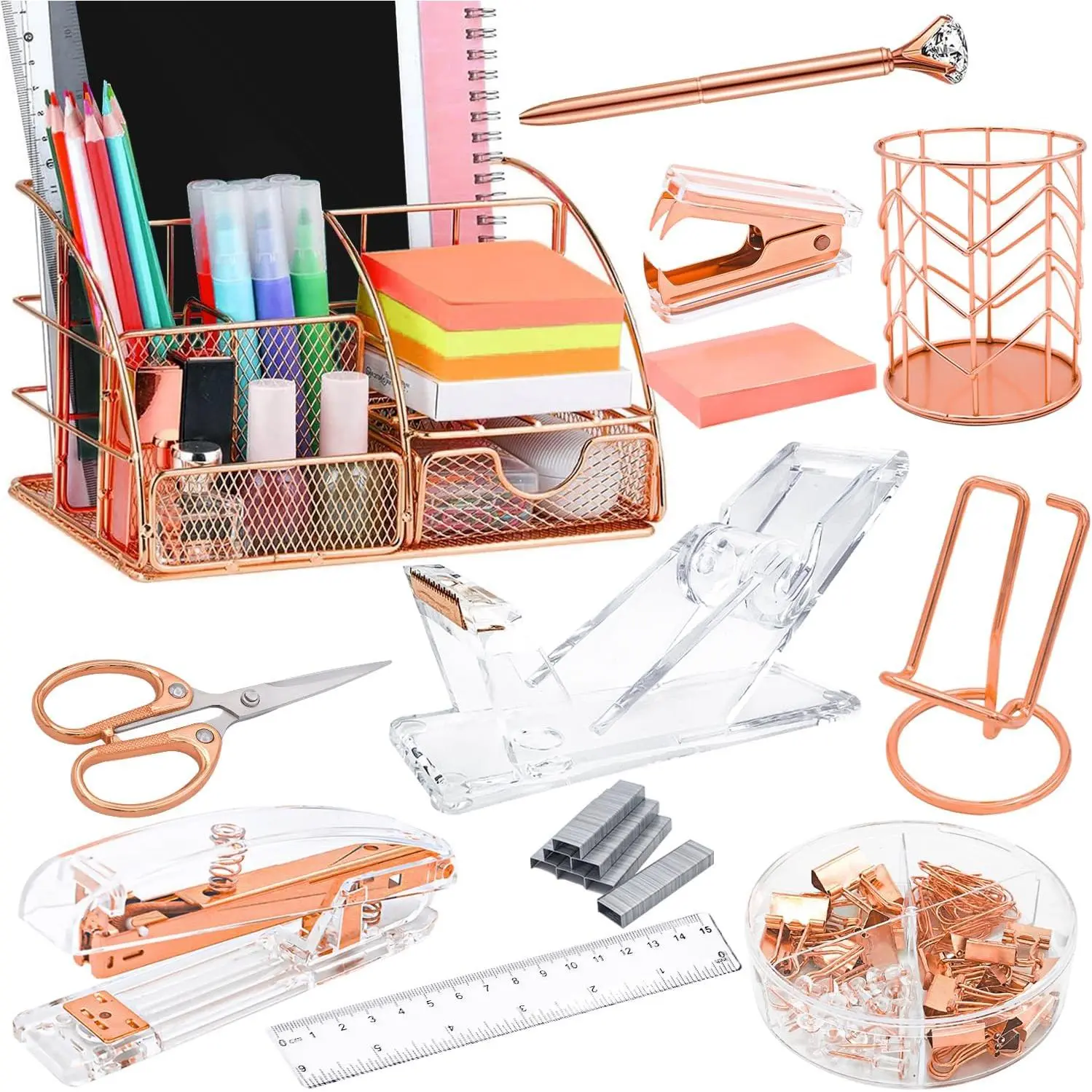 Rose Desk Organizer & Accessories Set - 13-Pieces Office Supplies Set with Large Compartment, Stapler, Tape Dispenser, Staple Remover, Pen Holder, Clips, Scissors, Phone Holder, Pens, Set Includes