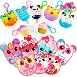 28 Packs Valentine Dessert squishy toys Stress Relief Keychains with Cards for Classroom Exchange Prizes, Fidget Toy Valentine’s Greeting Cards, Valentine Party Favors, Exchange Gifts