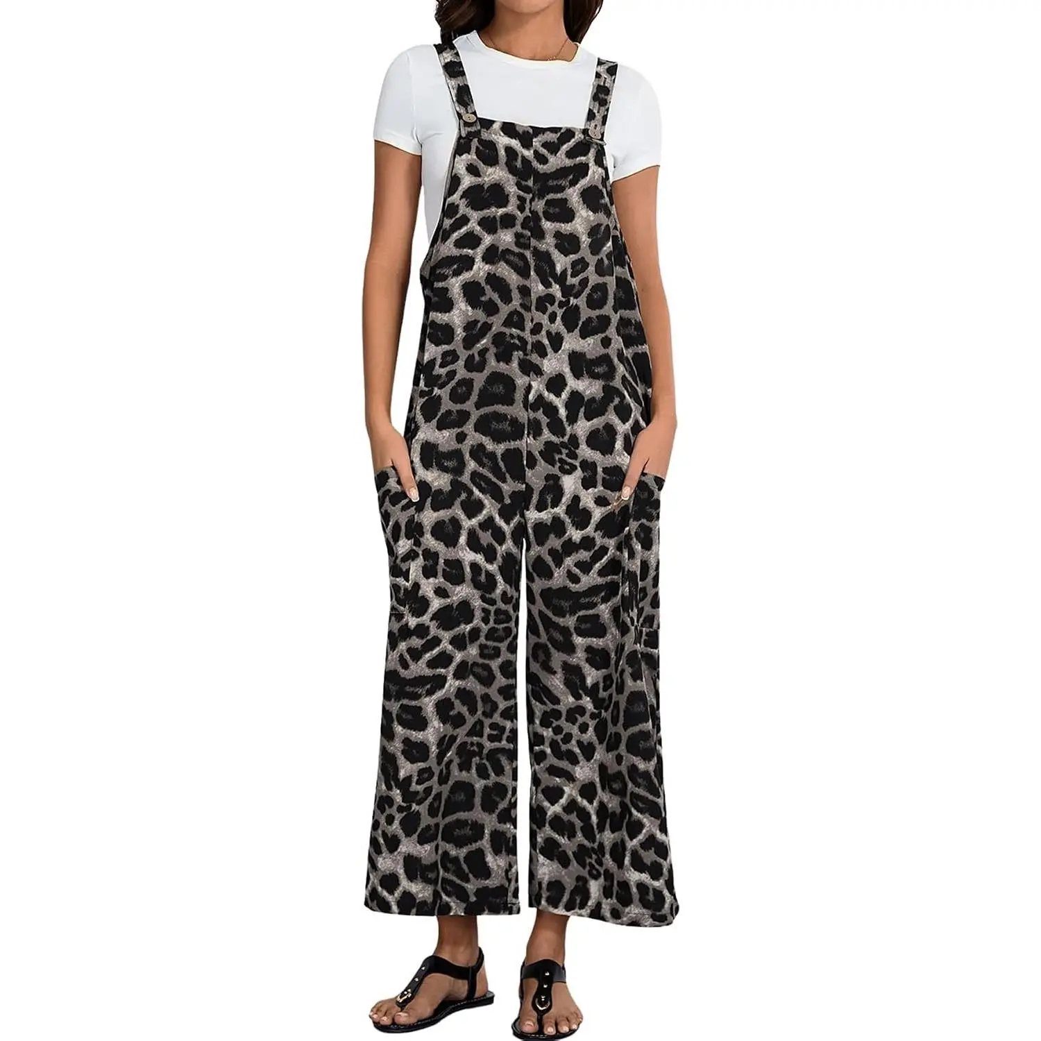 Women's Leopard Print Strap Bib Overalls Sleeveless Straight Leg Long Jumpsuits with Pocket