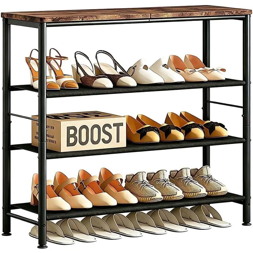 Shoe Rack Organizer 4 Tier Metal Organizer Shelf with Industrial MDF Board and Layer Fabric for Entryway Closet Bedroom Living Room Garage,Black & Rustic Brown (Black+Rustic Brown, 4 Tier)