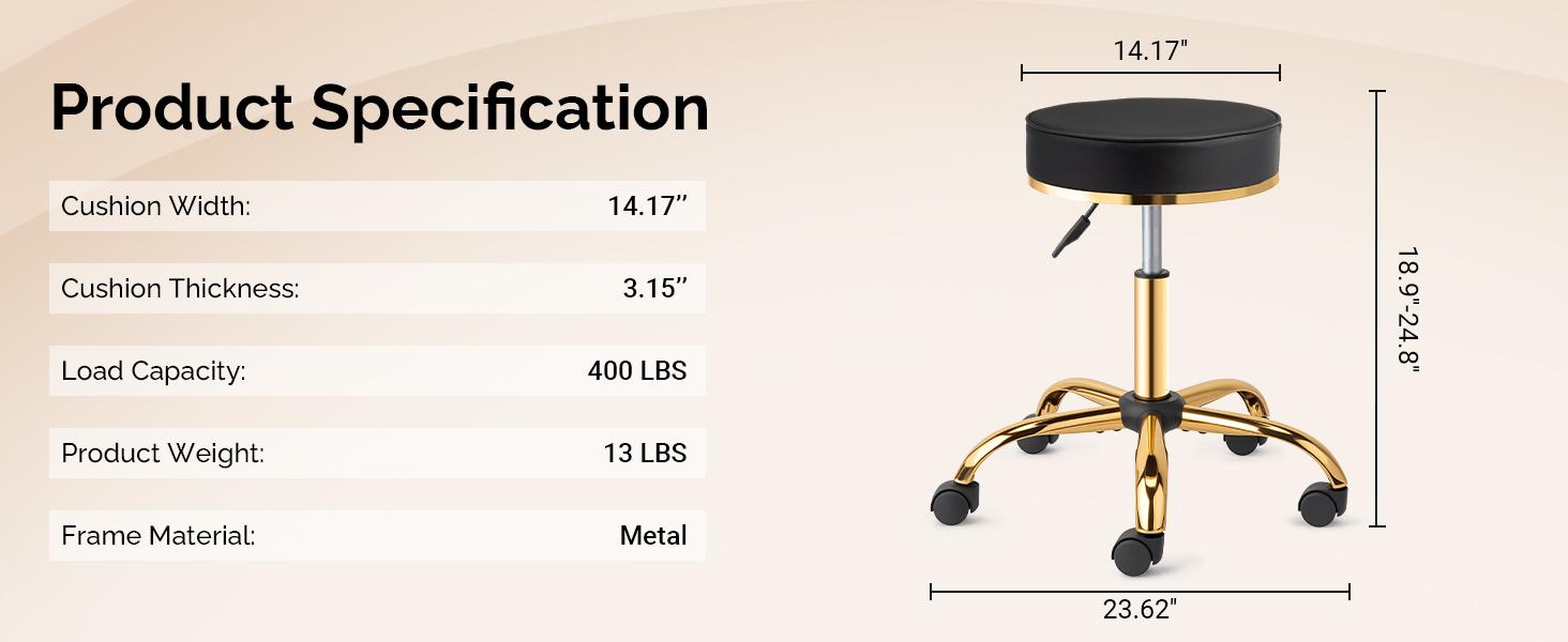 OmySalon Rolling Stool with Wheels, Vanity Salon Massage Roller Stool, Swivel Spa Chair Height Adjustable, Hair Stylist Chair for Beauty Salon Bar Tattoo Home, Black Luxury