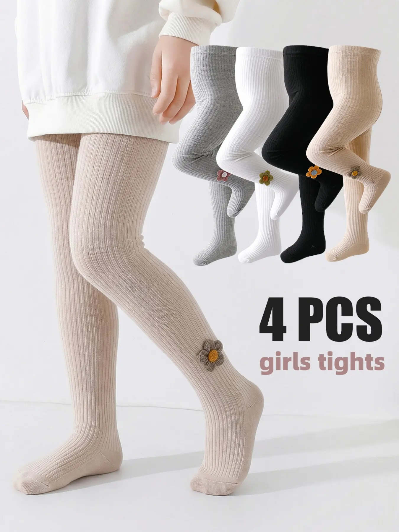 4 PCS baby toddler leggings Girl's tights Children's Spring & Autumn Floral Solid Color Opaque Tights, Toddler newborn Stirrup Pantyhose