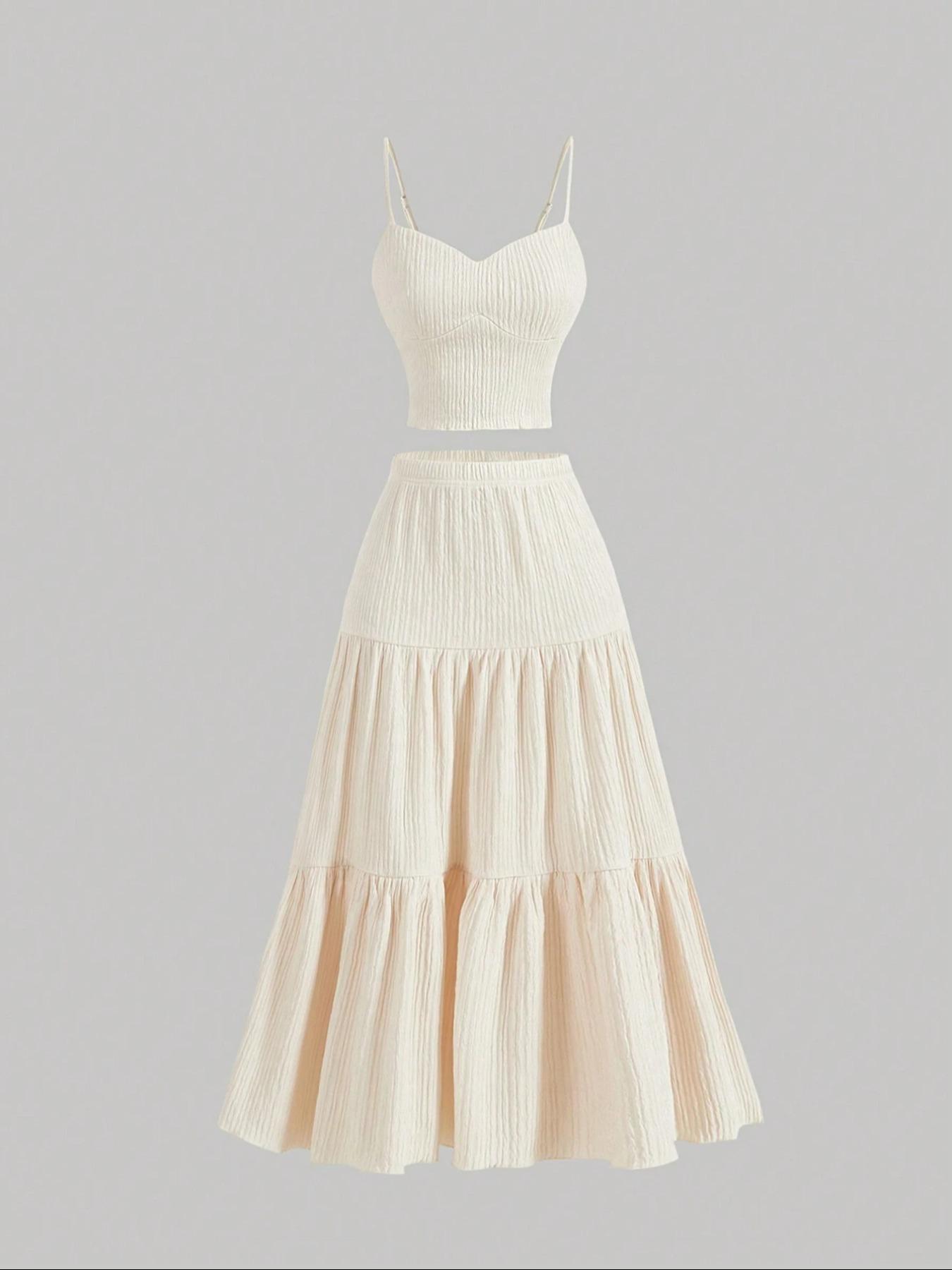 Women's Solid Crop Cami Top & A-Line Skirt Two-piece Set, Casual Fashion Cozy Outfits for Daily Outdoor Wear, Ladies Clothes for Summer