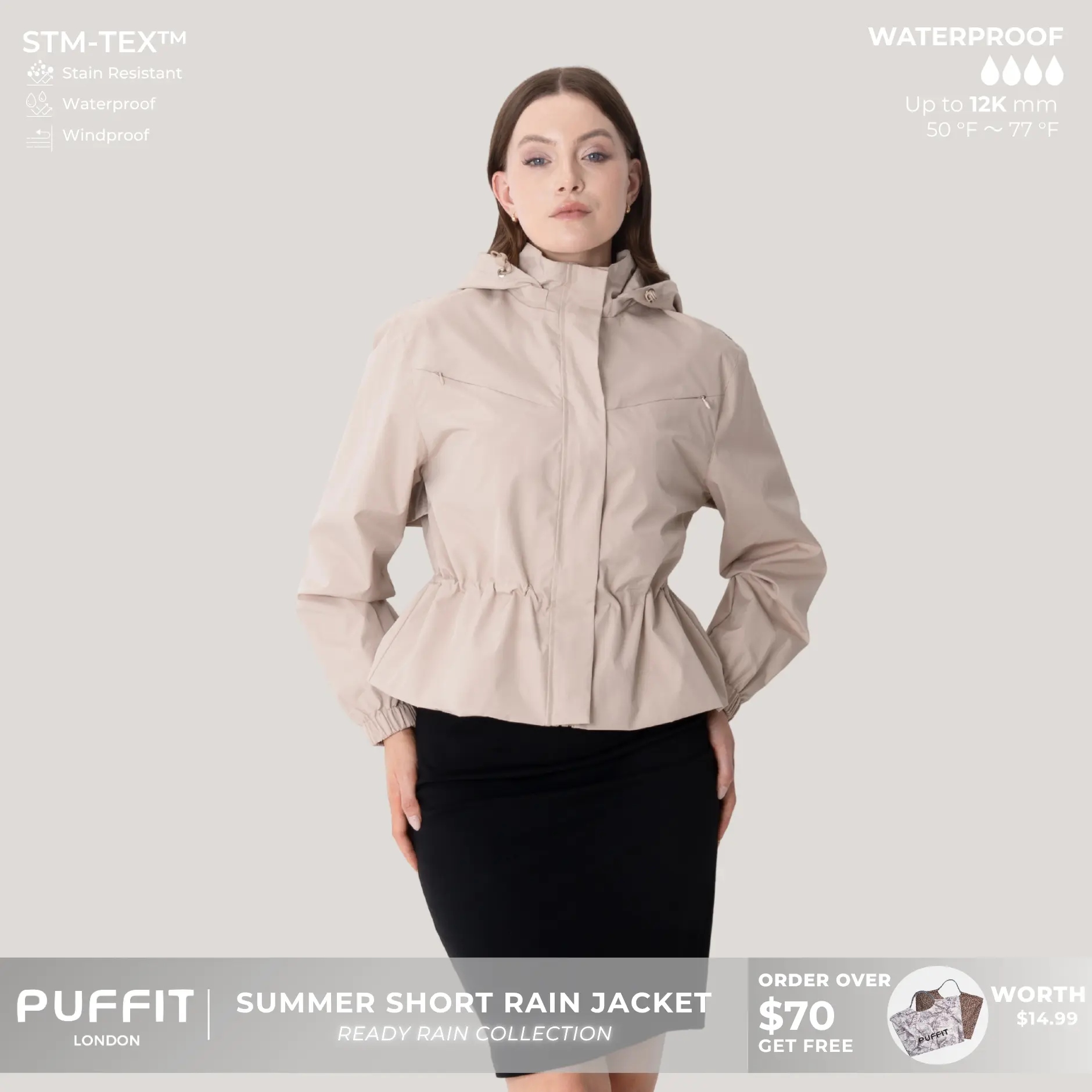 PUFFIT STM-TEX Summer Short Drawstring Waist Rain Jacket,Breathable Eyelets & Multi-Pocket Design,Waterproof,Stain-Resistant,Windproof,Outerwear,Summer Jacket,Spring,Outdoor,Sport,Dog Walking,Windbreaker,Womenswear