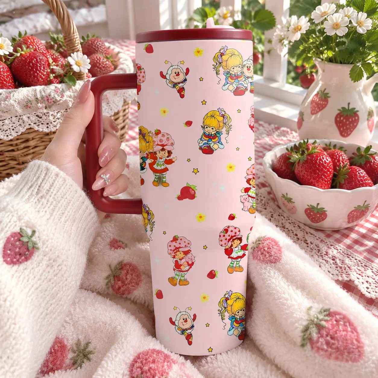 1 Pc 40oz Strawberry Shortcake Insulated Tumbler with Handle, Travel Coffee Cup, Double Wall Vacuum Stainless Steel Water Bottle, Keeps Drinks Cold & Hot, Cup Holder Friendly, Reusable Large Capacity Mug for School, Office, Travel, Daily Use,