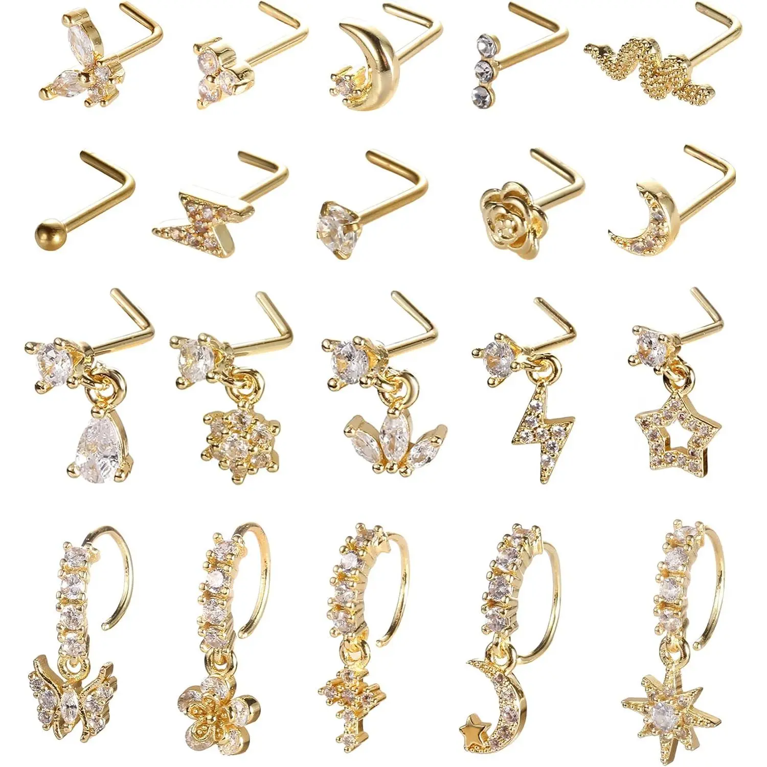 20Pcs 20G Dangle Nose Ring L Shaped Dangling Nose Stud for Women| Stainless Steel Nose Rings Studs,CZ Flower Dangle Nose Rings Hoops Nose Piercing