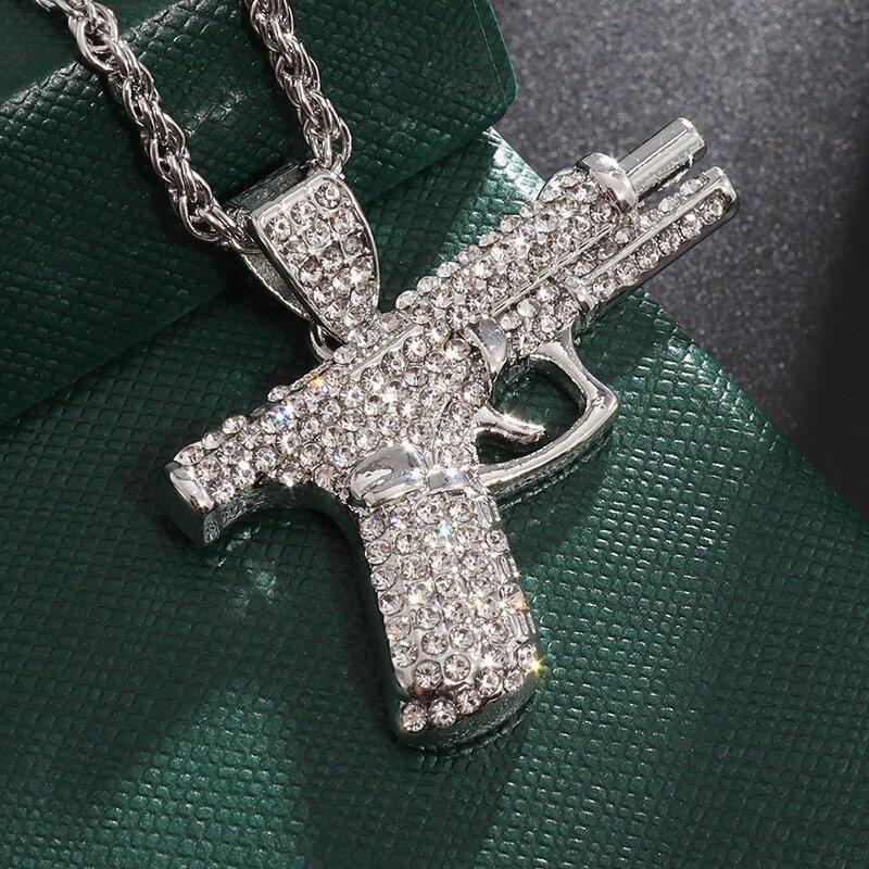 Bling Iced-Out Pistol Pendant Necklace for Men, Hip Hop Street Style Jewelry, Rhinestone Inlay Statement Accessory