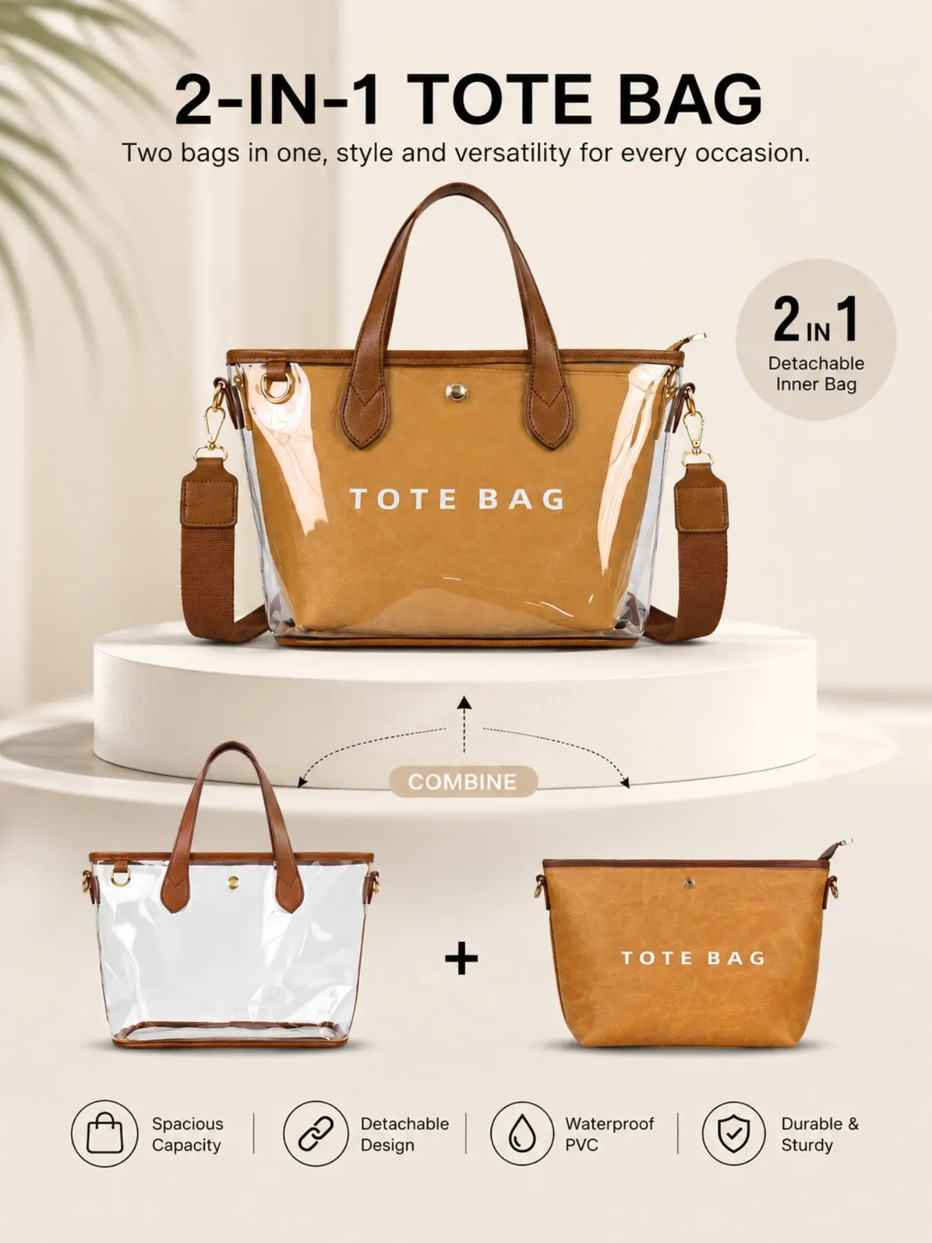 Fashion Simple Letter Tote Bag 2-In-1 PVC Transparent Waterproof Women's Crossbody Shoulder Bag, Detachable Inner Pocket, Perfect for Vacation