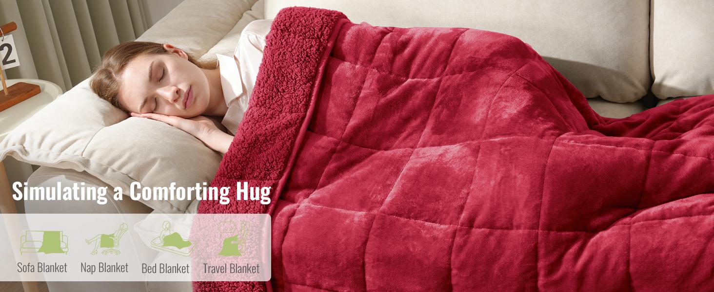 Weighted for Adults Queen Size, 15lbs 60x80 inches Blanket with Soft Warm Plush Fleece, Washable Thick Throw for Sleep, Anxiety and Calming, Red