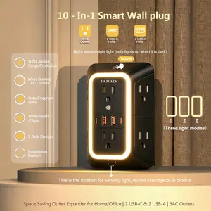 Outlet Extender Multifunctional Power Strip with Night Light, Power Strips with USB Ports, 6 AC Surge Protector Outlets with 4 USB Ports (2 USB C), 3-Sided 1050J Multi Plug Wall Outlet , Spaced Outlets for Home Travel Office Power Socket Extender(Black)