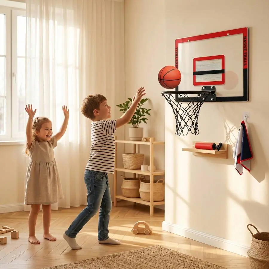 1pc Random Color Shape Indoor Kids Basketball Hoop Wall Mounted With Transparent Backboard Includes Ball Pump For Toddlers Preteens Home Outdoor Sports Activity Toy Basketball Set