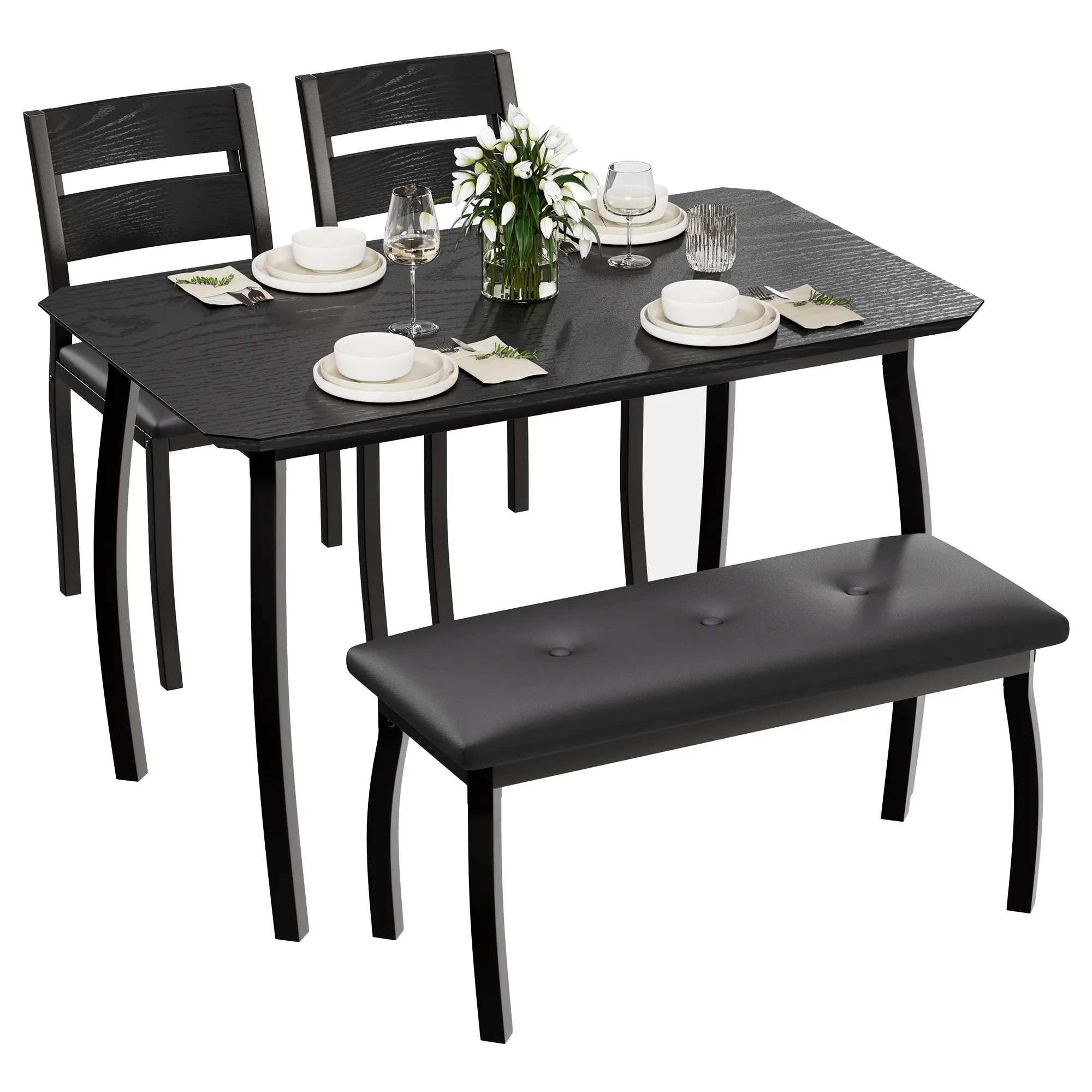 4 Piece Space Saving Dining Table Set for Small Apartment, 43 Inch Wooden Kitchen Table with Padded Bench & 2 Cushioned Dining Chairs, Compact Modern Dining Furniture for Studio & Restaurant