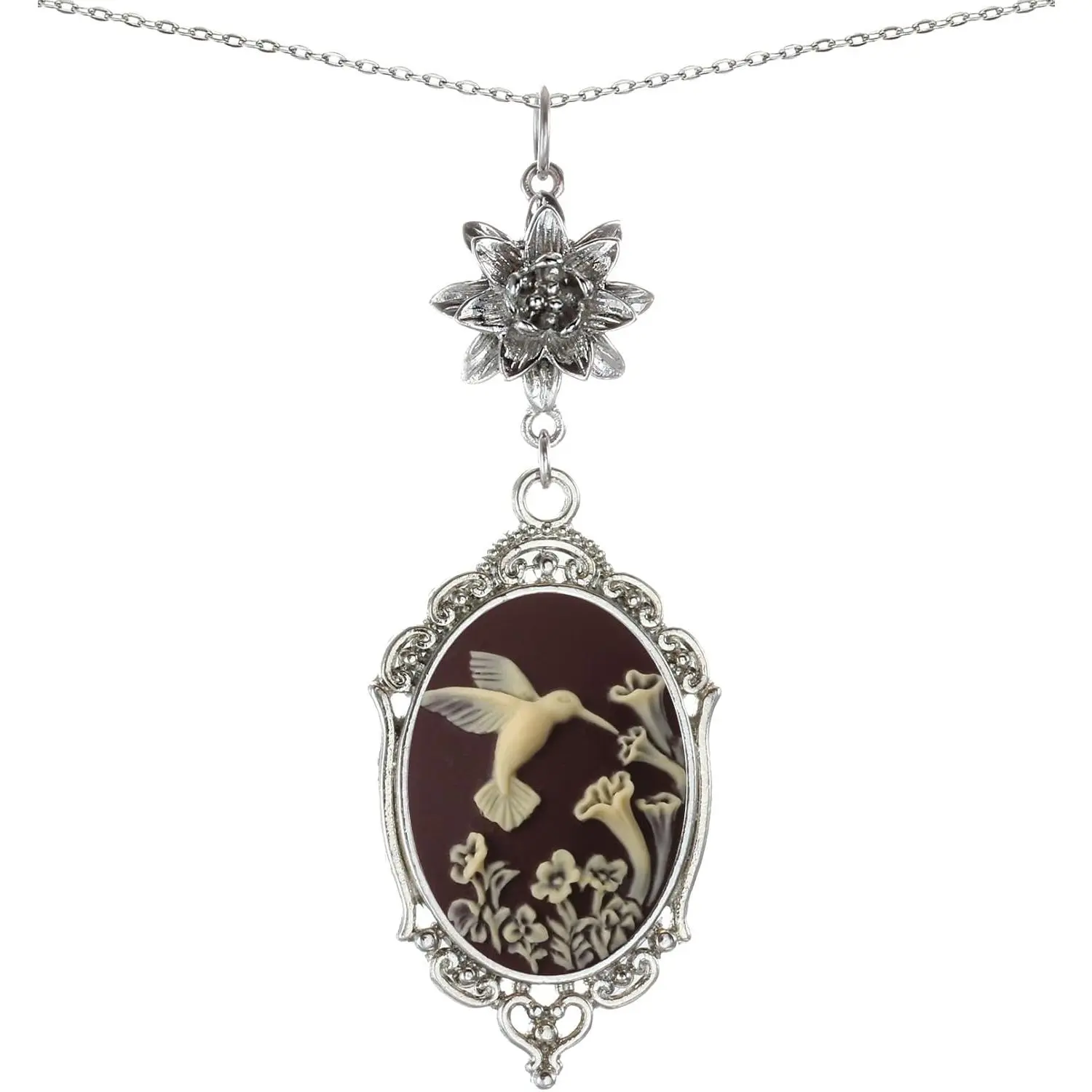 Women's Antique Charm Lotus Cameo Pendant Necklace with 2 Chains, Velvet Pouch for Gifting, Two Chains