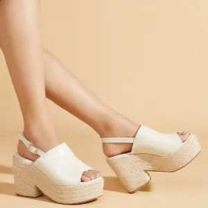 Summer Espadrille Wedge Platform Sandals for Women, Peep Toe Patent Leather Slingback Buckle Strap Chunky High Heel Dress Sandals, Boho Casual Vacation