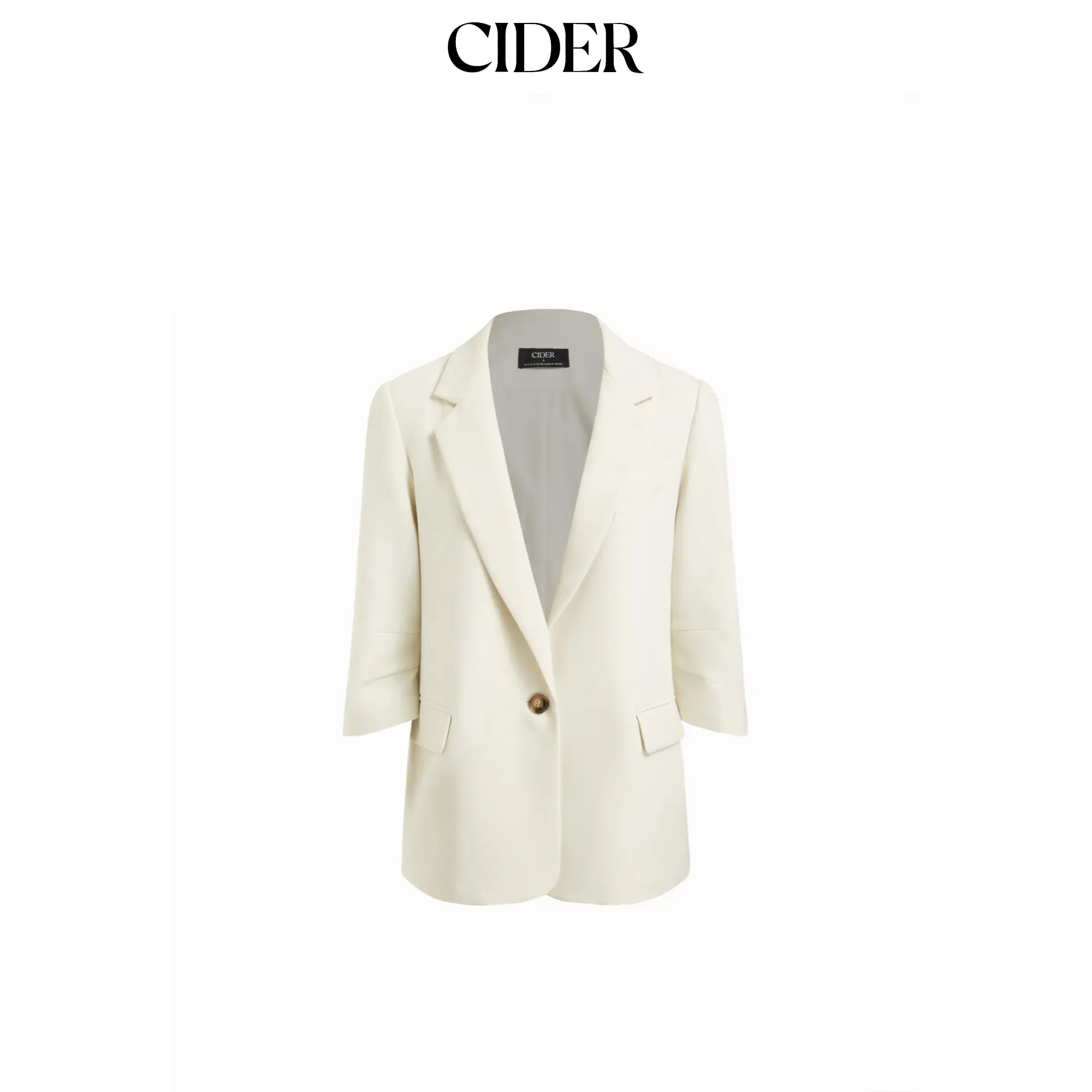 Cider Women's Elegant Fitted Cream Fabric Blazer, Notched Collar, Middle Length Sleeves, Single Button