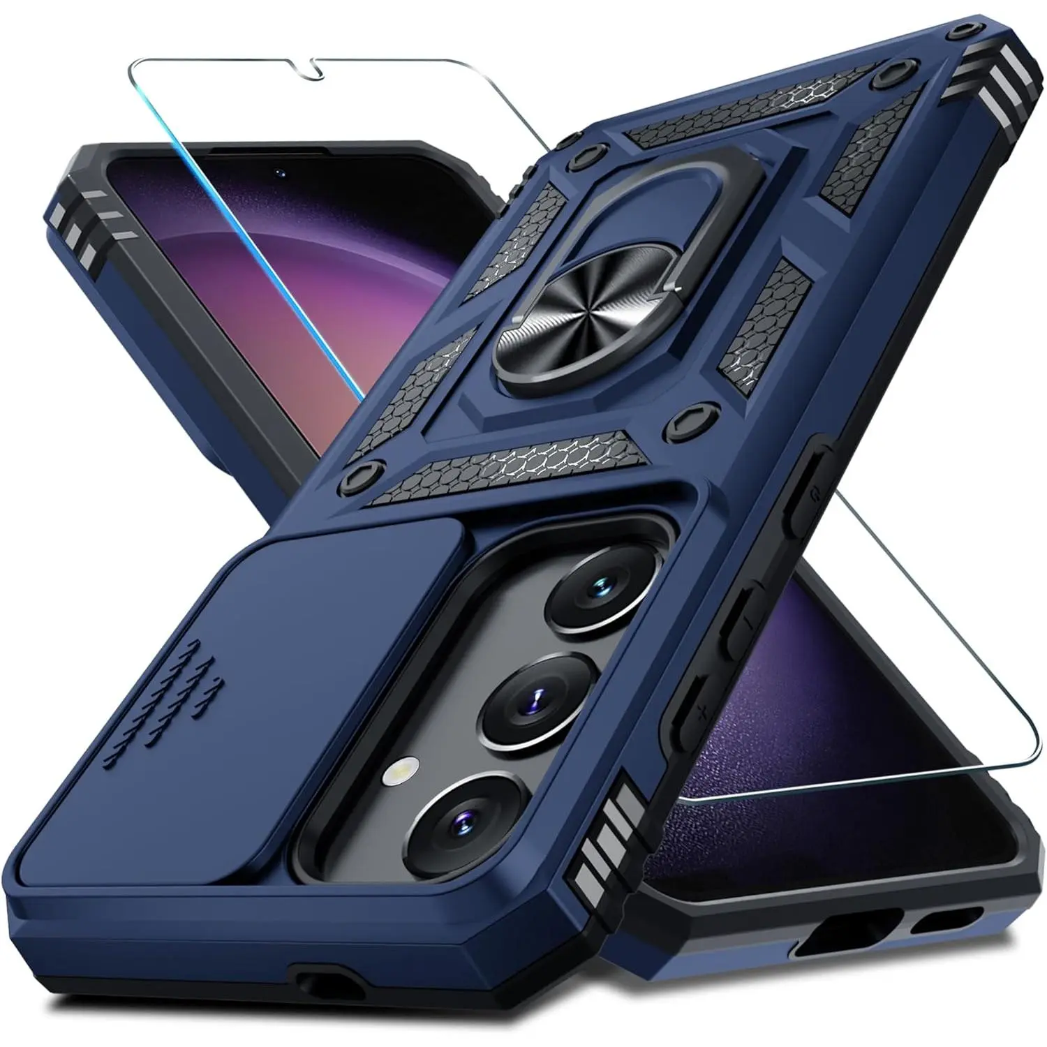 Janmitta Heavy Duty Protection Smartphone Case for Samsung Galaxy S24/S25 (6.2 inch) [Not for S25+] - Blue Mobile Accessory with Built-in Slide Camera Lens Cover, Screen Protector, Kickstand, Shockproof Full Body Protection, Accessories, Casing