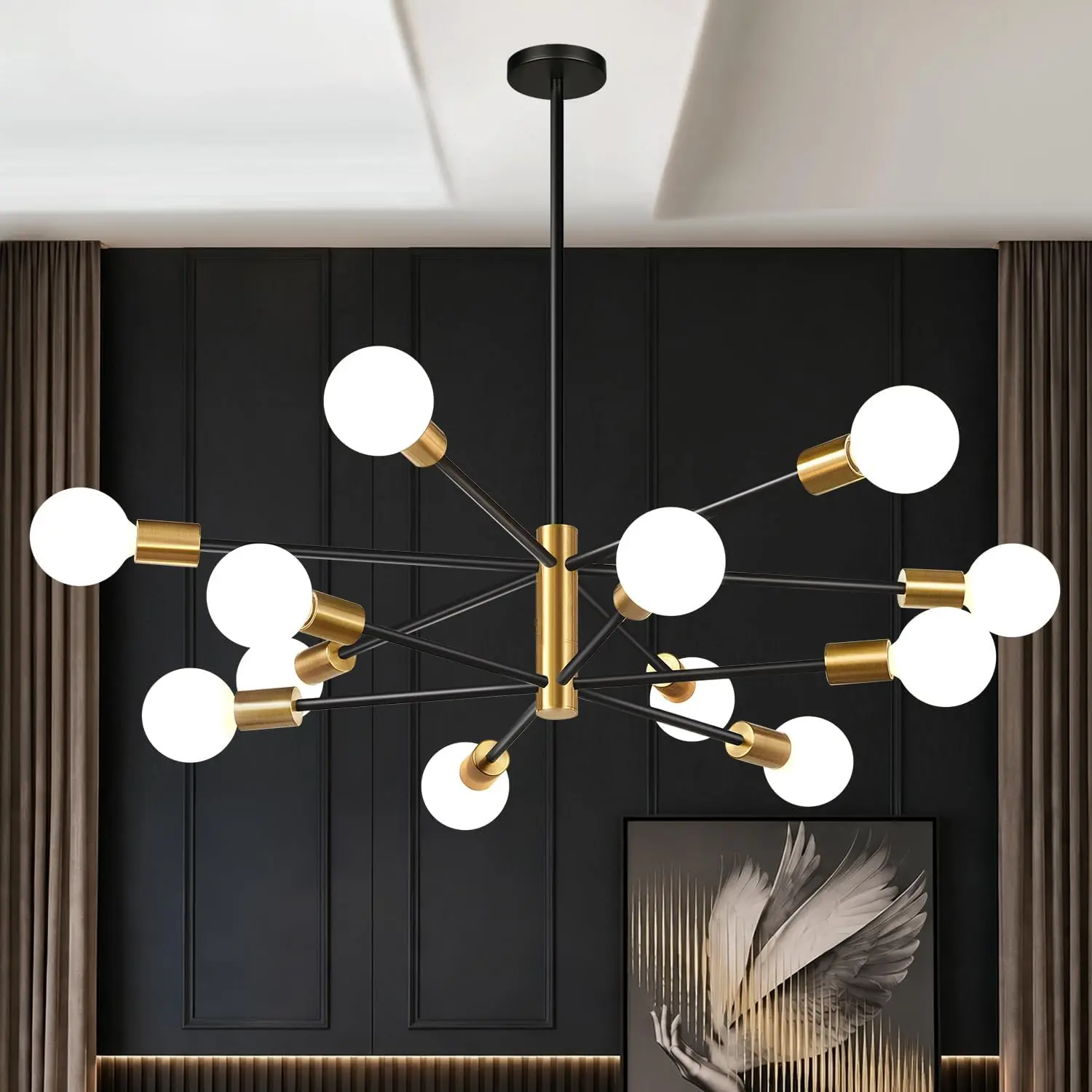 11"-52" Height Adjustable Modern Chandelier Ceiling Light Fixture, 12-Light Sputnik Chandeliers Brushed Gold and Matte Black Mid Century Chandelier Over Table, Chandeliers for Dining Room Living Room