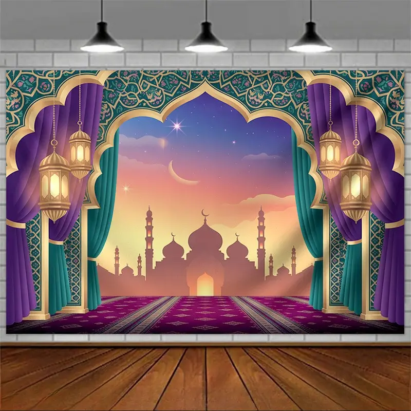 Islamic Ramadan Arch Starry Sky Mosque Print Tapestry Banner - Lightweight Soft Premium Synthetic Polyester Home Decor, Room Backdrop, Playful Indoor-Outdoor Wall Hanging for Wedding, Baby Shower, Anniversary, Reusable Photography Prop, Machine Wash