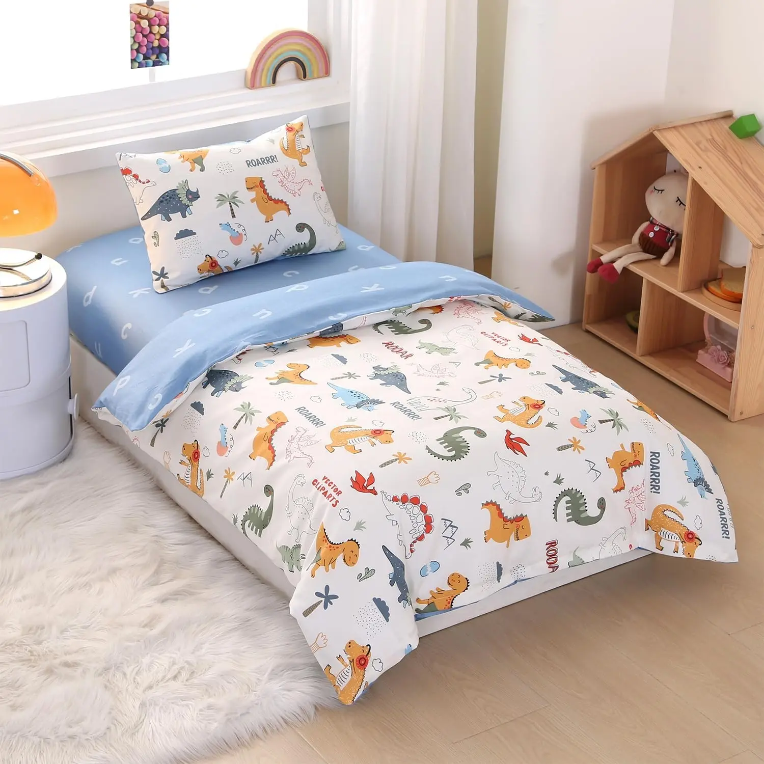 100% Cotton Dinosaur Crib Bedding Set, 3 Pieces Cute Animal Printed Nursery Bedding Decor for Baby Girls and Boys - Includes Fitted Sheet, Duvet Cover, Pillowcase