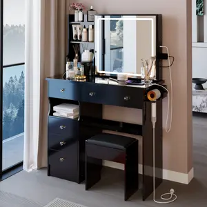 Aobtkel37" Left Drawer Desktop Vanity Table + Cushioned Stool, 2 AC+2 USB Socket, Hair Dryer Stand, Large Touch Control LED Sliding Mirror, 3-color Switch Makeup Dressing Set, EPA, GCC, UL Certificate