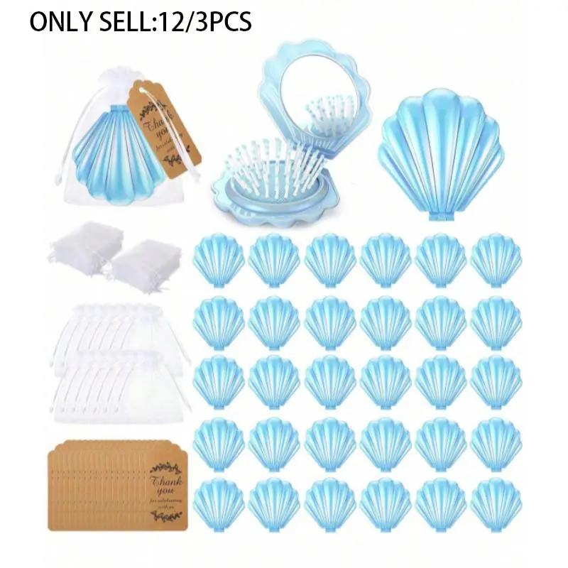 【Hot Selling】Mini Foldable Travel Hair Brush with Mirror, Hair Comb, Shell Shape Pocket Makeup Mirror, Wedding Party Favor, Portable Purse Travel Mirrors, Travel Hairbrush