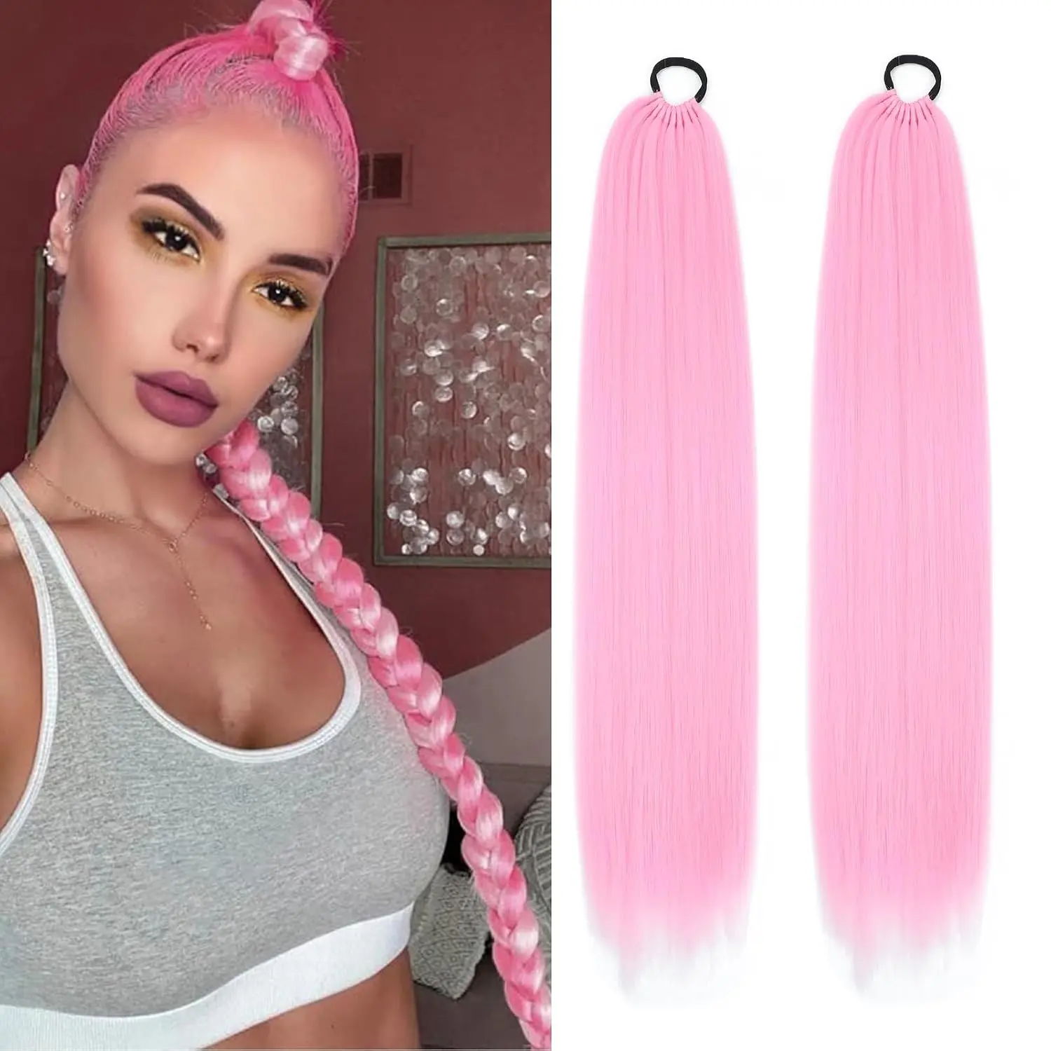 2 Packs Long Braided Ponytail Extensions with  Ties  Soft Synthetic   for Black Women Straight Wrap Around  Extensions Ponytail (, 24 Inch (Pack of 2))