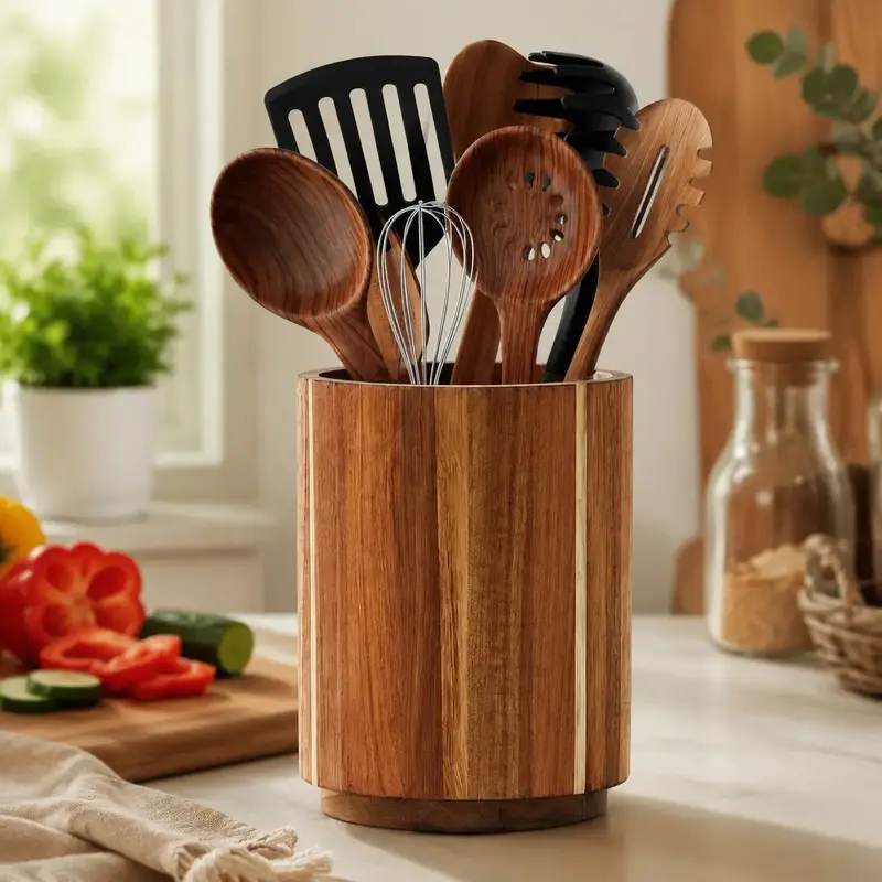 Large Capacity Acacia Wood Utensil Holder - 360° Rotating Rustic Kitchen Countertop Organizer with Non-Slip Base, Storage for Spatulas, Spoons and Other Kitchen Tools, Rotates 360°