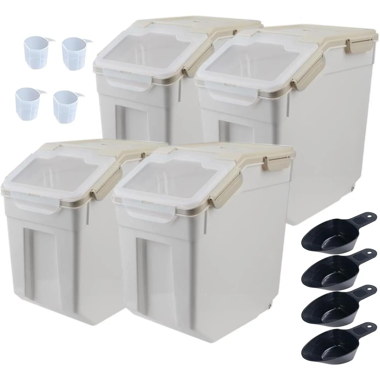 Large 25lb Flour Storage Container Bin 4-Pack, Airtight Rice & Grain Storage with Wheels, Seal Locking Lid, BPA Free, Includes Measuring Cup & Scoop, Gray