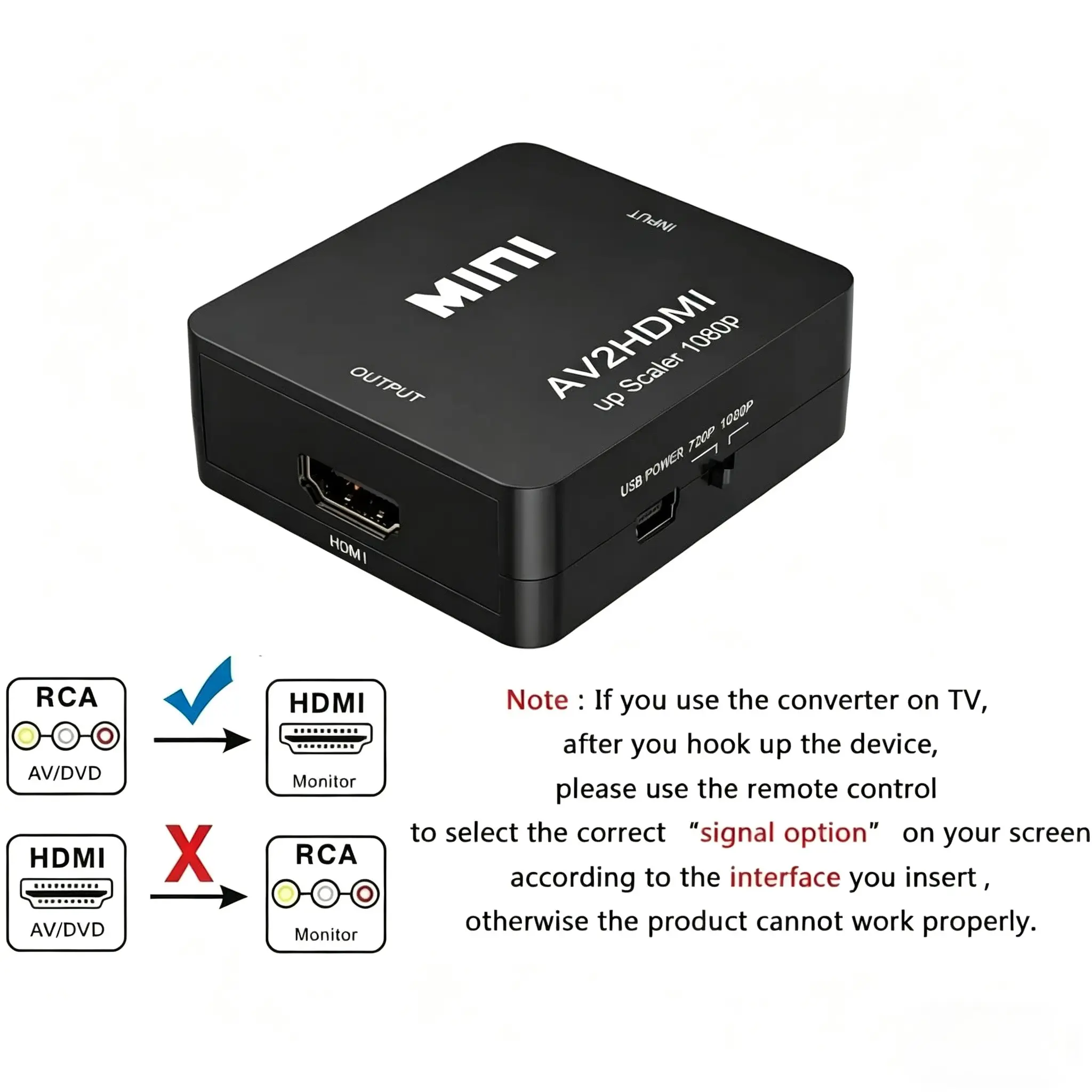 Rammind AV to HDMI Converter 1080P, Av2hdmi Adapter, Rca to HDMI Video Converter, Compatible with Old TV Box, DVD, Game Console