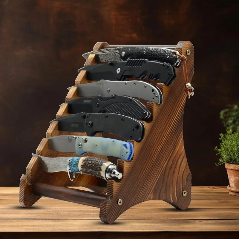 Wooden Knife Display Stand, Desktop Pocket Folding Knife Storage Rack, Multi-Layer Solid Wood Knife Holder for EDC Knives, Fruit Knives, Tool Knives Collection Display