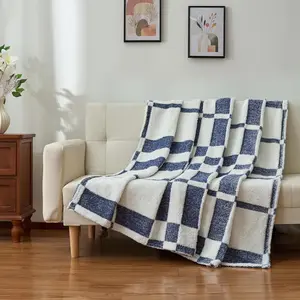 Winter Throw Blanket Fuzzy Soft Lightweight Cozy Farmhouse Tassels Checkered Knitted Throws for Couch Sofa Bed (Navy Blue, 50"x60")