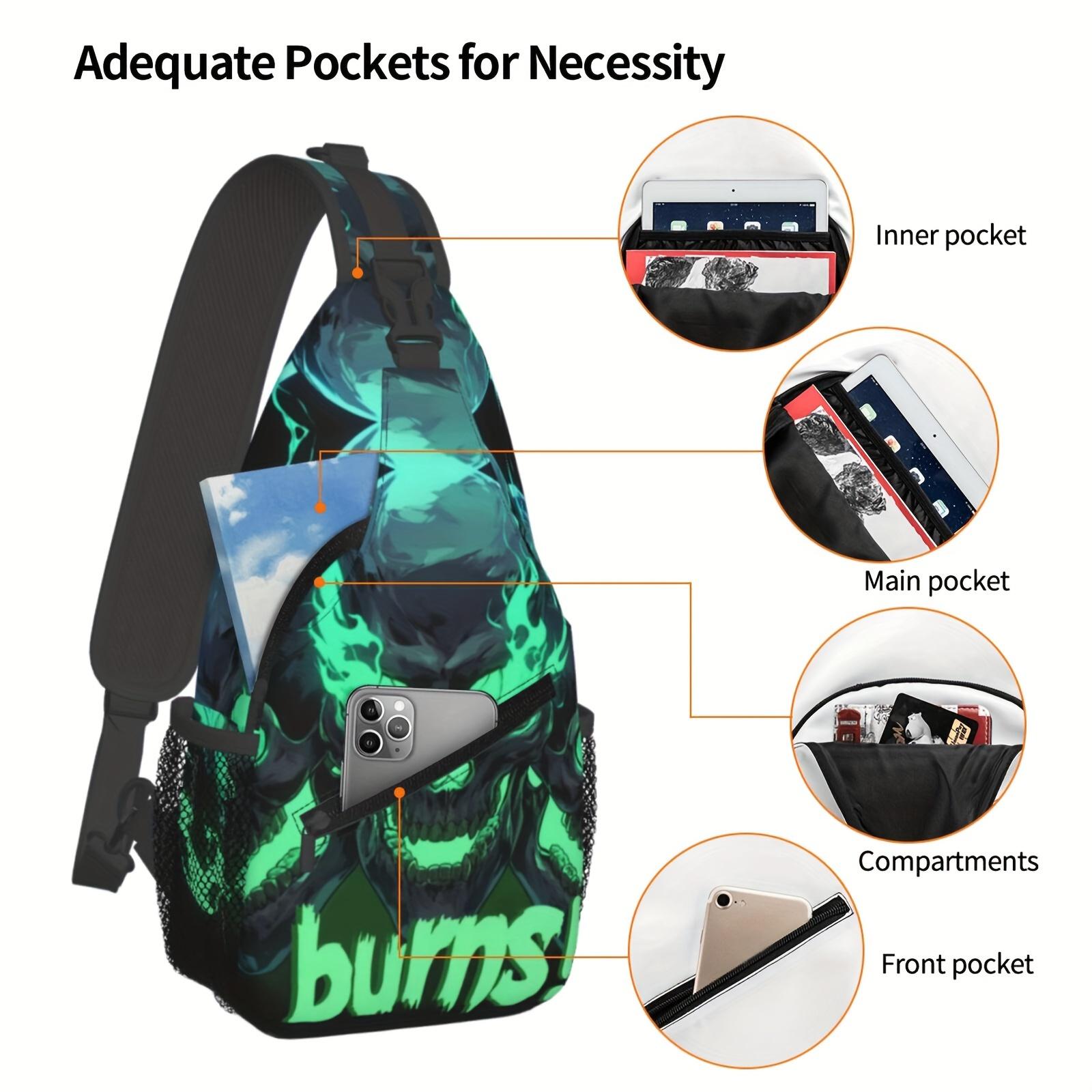 A Versatile Green Crossbody Chest Bag Featuring a Flaming Skull Design, Perfect for Hiking, Shopping, Or Leisure Travel. This Durable  Spacious Backpack Is Ideal for Beach Outings, Fishing Trips, School,  Makes a Great Christmas Gift and