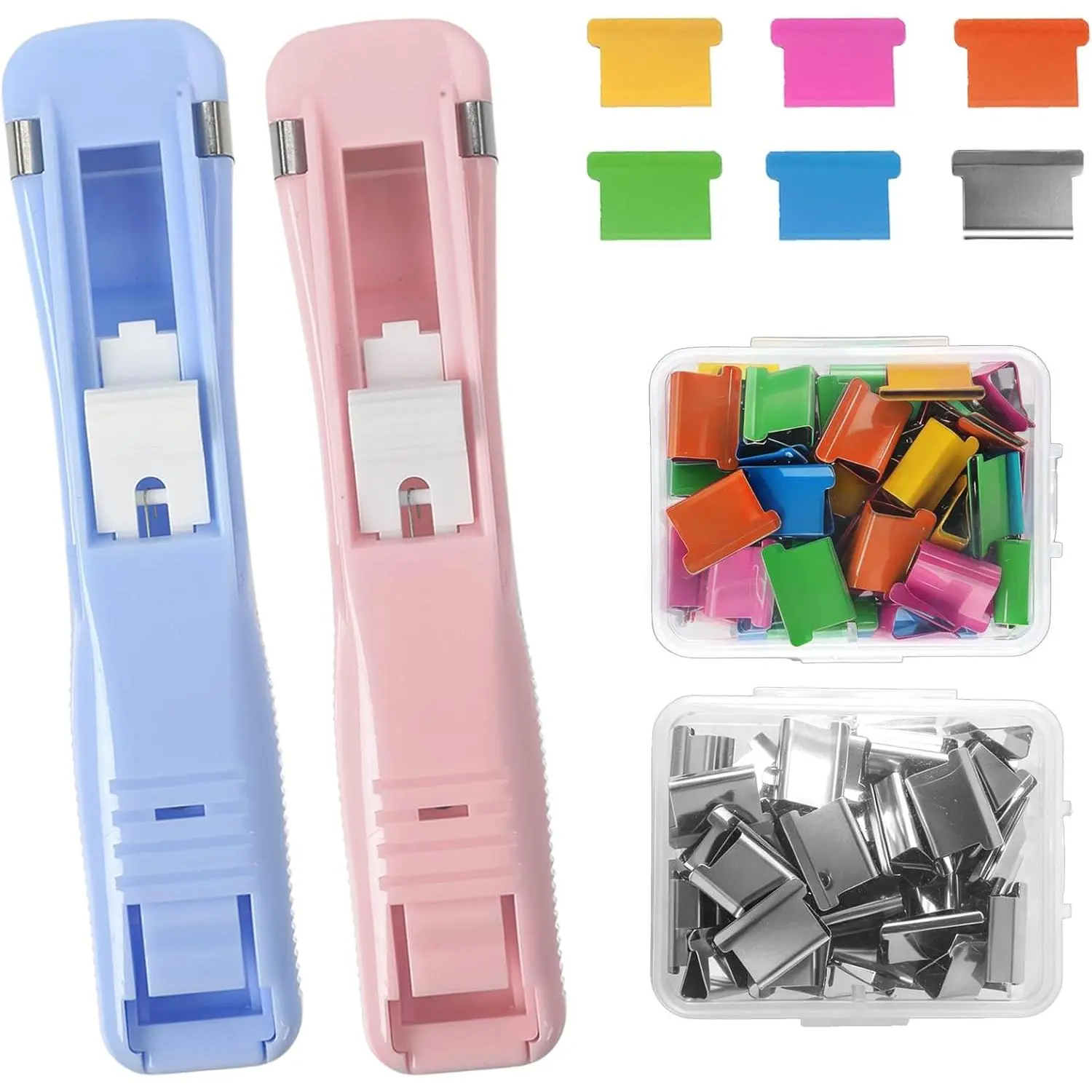 Portable Binder Clip Stapler, 2 Pcs Handheld Paper Clam Clip Dispenser, Macaroon Blue and Pink Stapler Push Staple Free Clips Binder Set with Metal Refill Clips for Home School Office Fixing Document