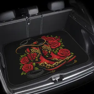 Western Cowboy Boots Featuring Red Roses, Designed As a Car Cargo Liner And Pet Trunk Protector Mat. Offers Fashionable Interior Protection for Vehicles, Including Cars, Trucks, And Suvs. Stylish Appearance, Robust, And Easy to Maintain
