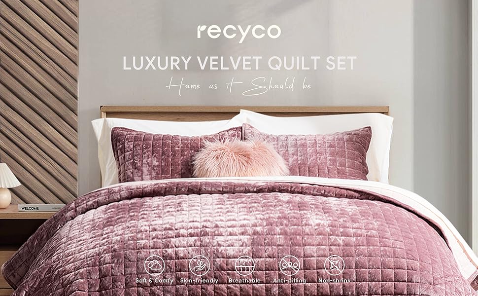 Luxury Velvet Set Full Queen Size, Lightweight Velvet Comforter Set, Oversized Bedspread Coverlet Quilted Bedding Set, with 2 Matching Pillow Shams, for All Season, Dusty Mauve Pink