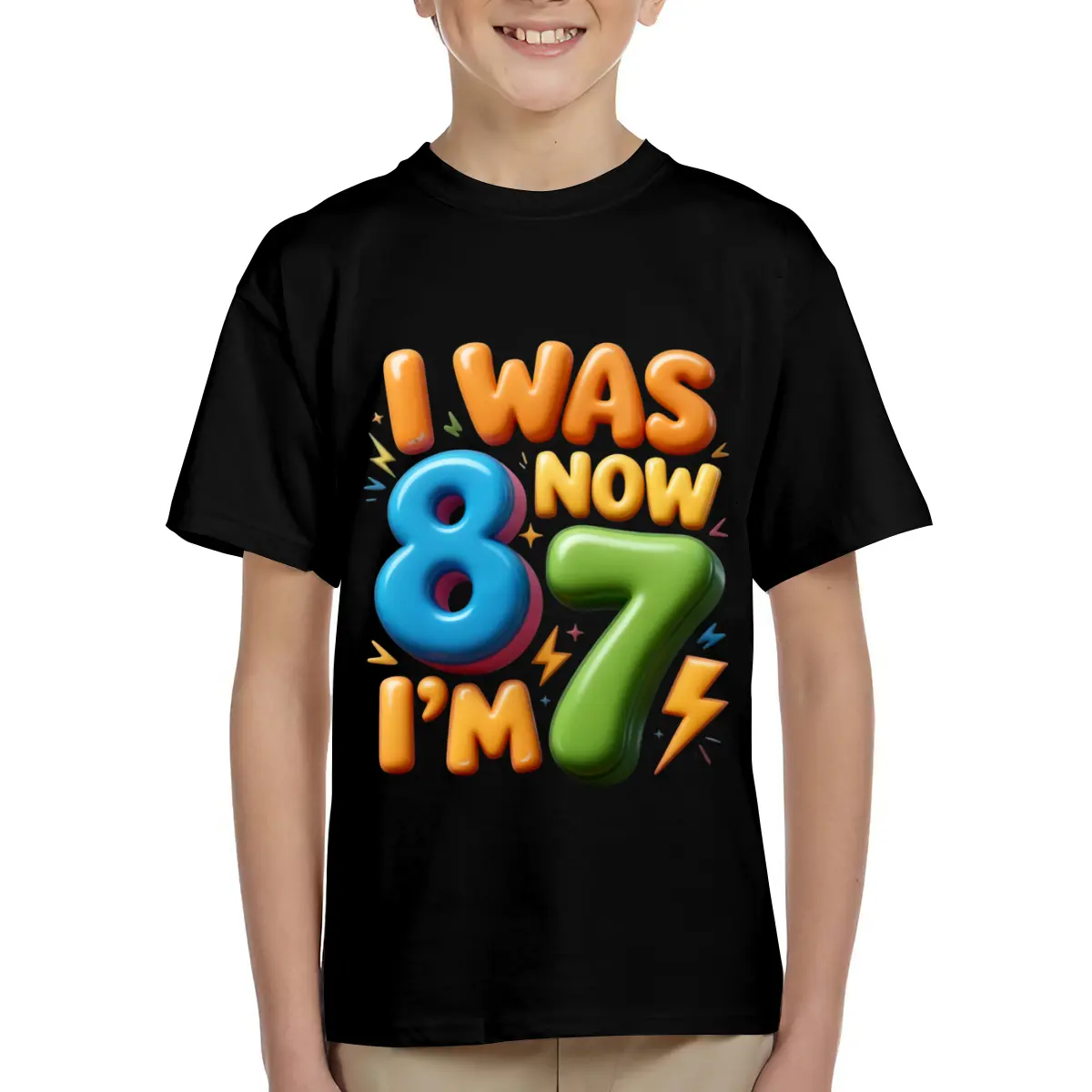 I Was Eight Now I Am Seven Funny Birthday Shirt Design Kids Short Sleeve T-Shirts Cotton Soft Breathable Crewneck Tees for Boys Girls, Loose Fit Comfortable Basic Tops for 6-15 Years Summer School Casual Wear