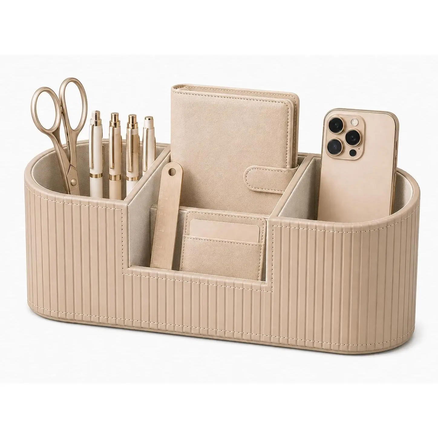 Minimalist Modern Luxury Faux Leather Desk Organizer for Women, 4-Compartment 28x10cm Office Stationery Holder, Beige Decor for Bedroom & Workspace (Fits Makeup Brushes)