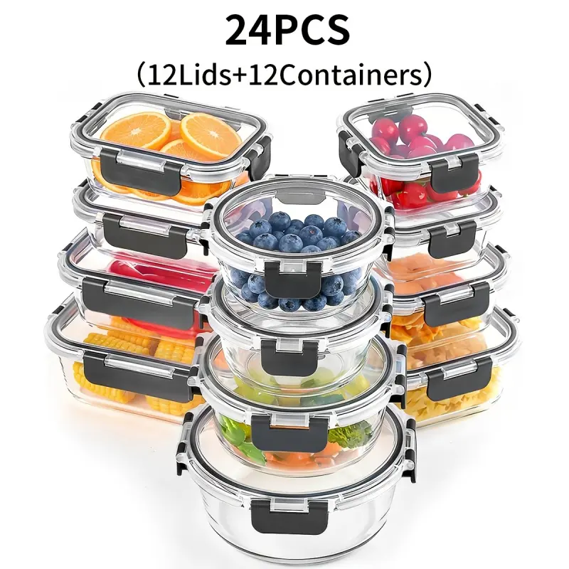 12 Pack Glass Food Storage Containers with Lids Airtight Leakproof Meal Prep Containers for Lunch Microwave Oven Safe Food Storage Containers for Kitchen Freezer Dishwasher Safe 12 Lids & 12 Container