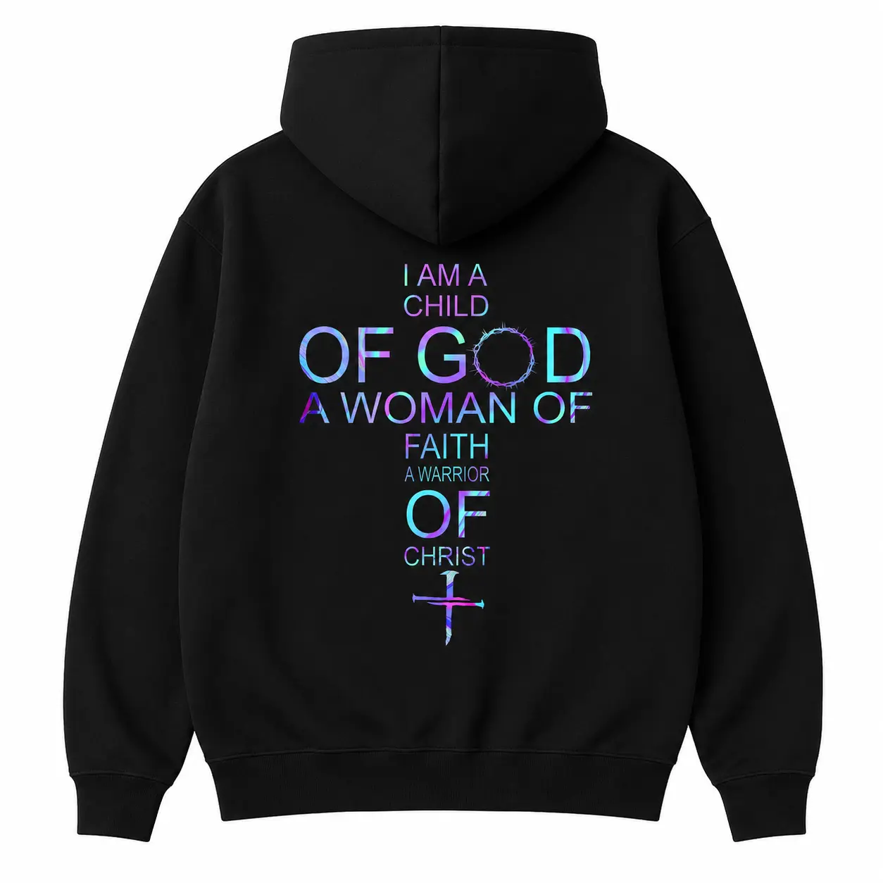 Women's Christian Faith Hoodie - "I Am God's Woman, Woman of Faith, Warrior of Christ" Long Sleeve Religious Hooded Sweatshirt with Blue & Purple Print - All-Season Church Outfit - Machine Washable Spiritual Clothing for Believers Tops Womenswear Black